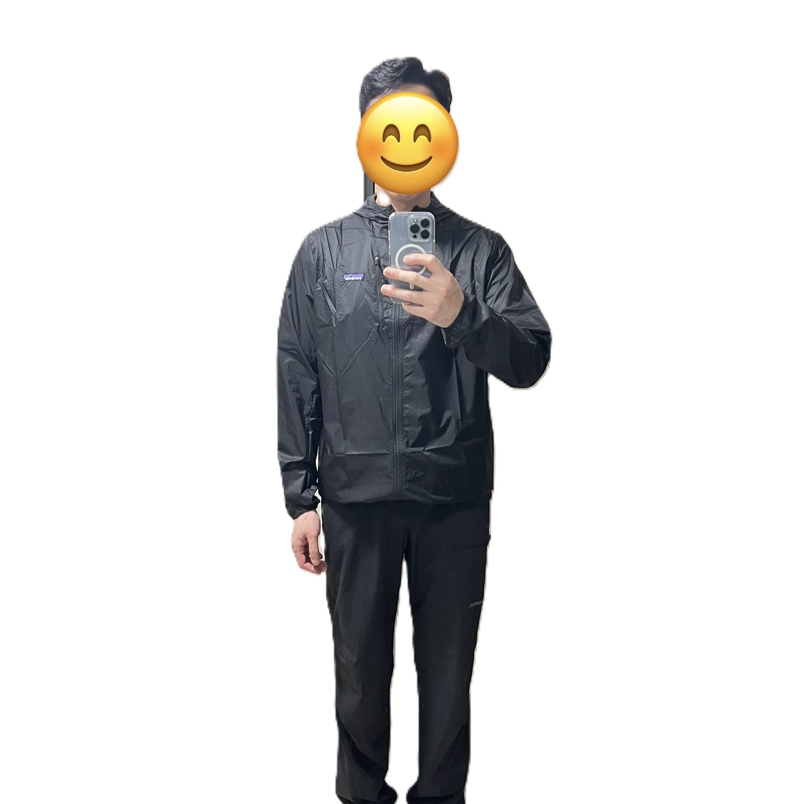 Patagonia Houdini Jacket Black/Black, Mizuno Racer V2 Grey Black 착용 스타일