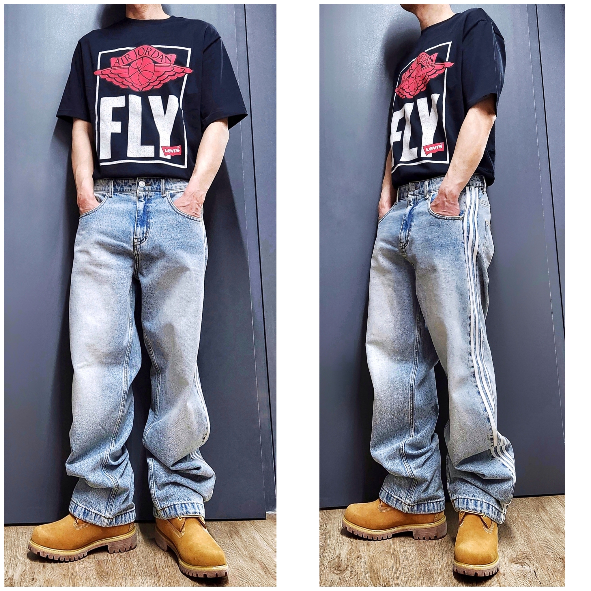 Adidas x Atmos Denim Firebird Track Pants Indigo Denim - KR Sizing, Jordan x Levi's Short Sleeve T-Shirt Black (IM6728-010) 착용 스타일 - 2