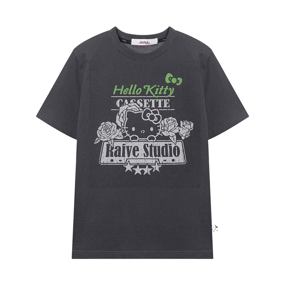 (W) 레이브 x 헬로 키티 로즈 그래픽 티셔츠 다크 그레이((W) Raive x Hello Kitty Rose Graphic T-shirts Dark Grey)