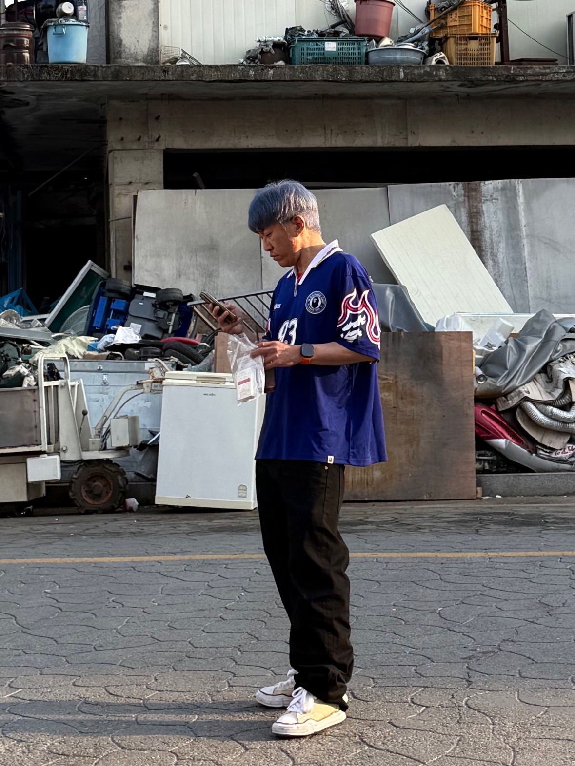 Adidas x BAPE Short Sleeve Flames Jersey Japan Blue - KR Sizing (Non Marking Ver.), Our Legacy Third Cut Black Selvedge 착용 스타일