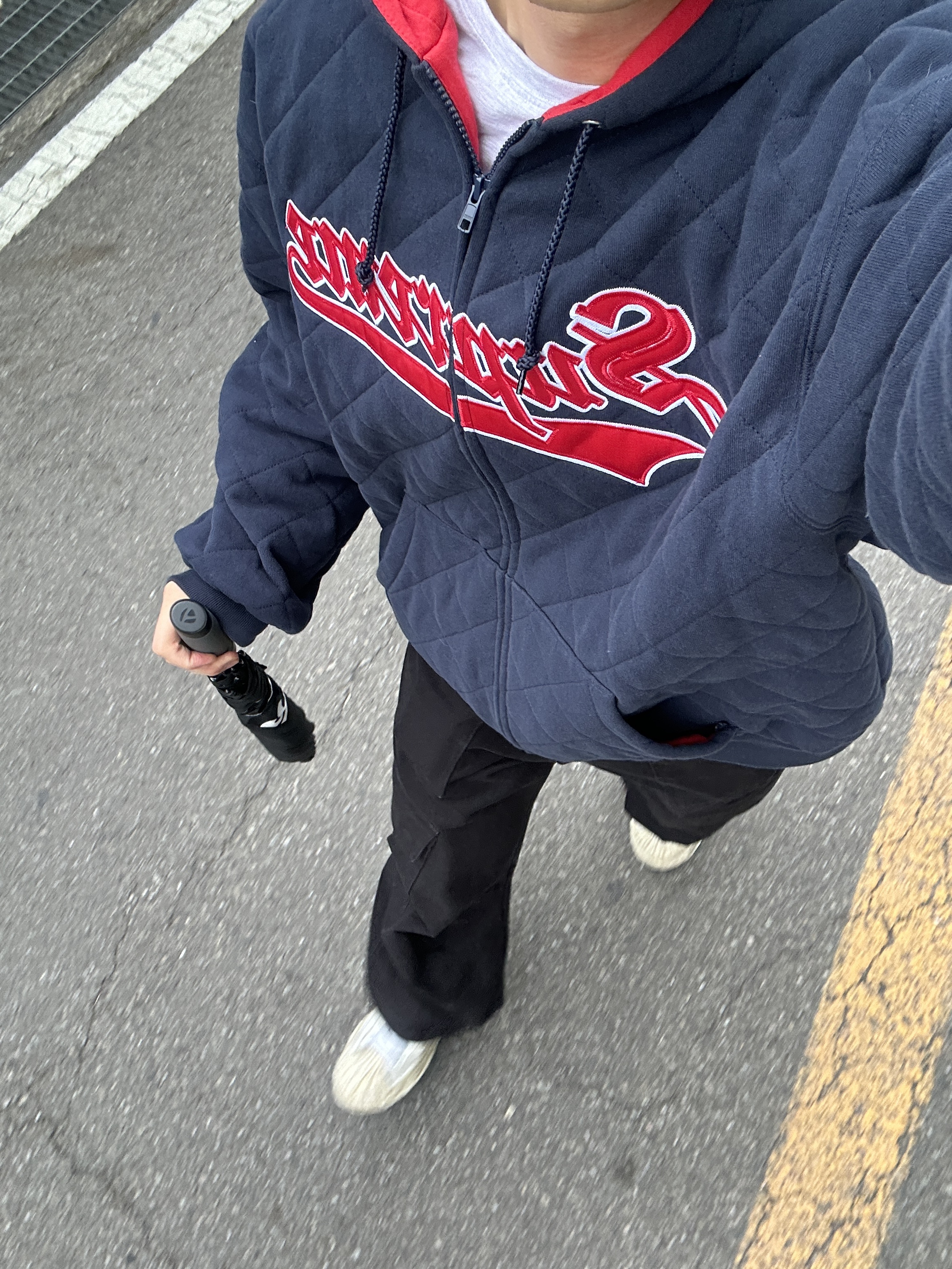 Supreme Quilted Zip Up Hooded Sweatshirt Navy - 25FW 착용 스타일