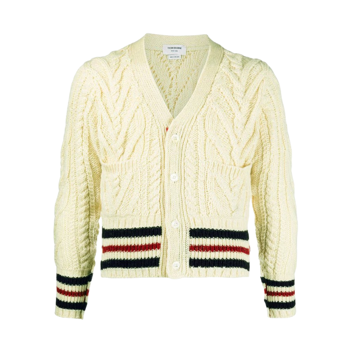 MKC289A-00278-100 Thom Browne Mohair Tweed Aran Cable Tricolor Cricket Stripe V-Neck Cardigan White