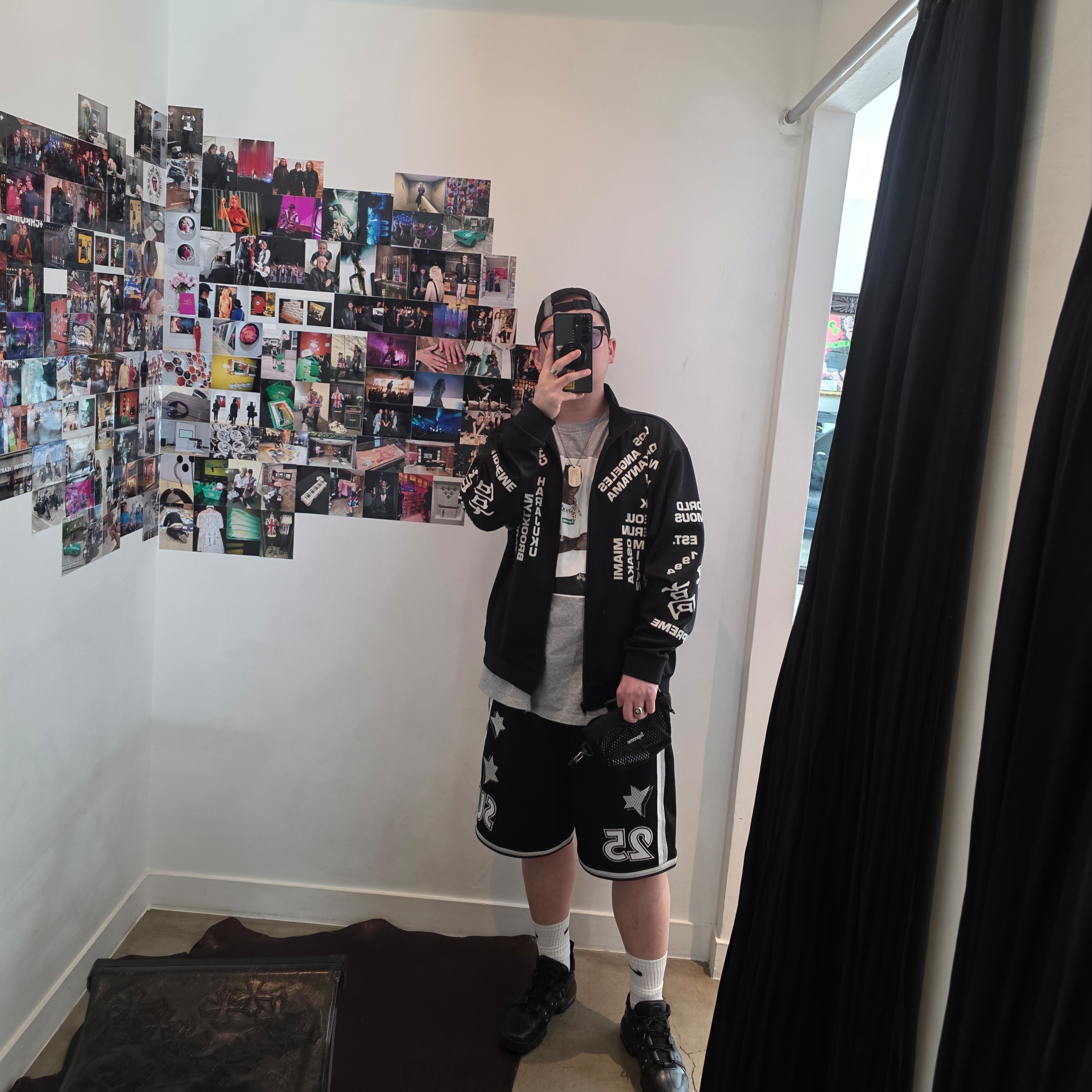 Supreme Side Mesh Camp Cap Black - 25SS, Supreme Worldwide Tricot Track Jacket Black - 25SS 착용 스타일 - 5