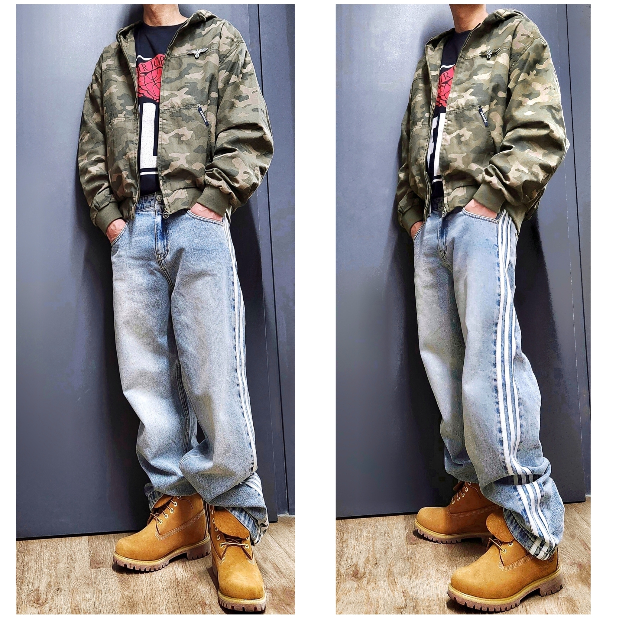 Adidas x Atmos Denim Firebird Track Pants Indigo Denim - KR Sizing, Jordan x Levi's Short Sleeve T-Shirt Black (IM6728-010) 착용 스타일 - 1