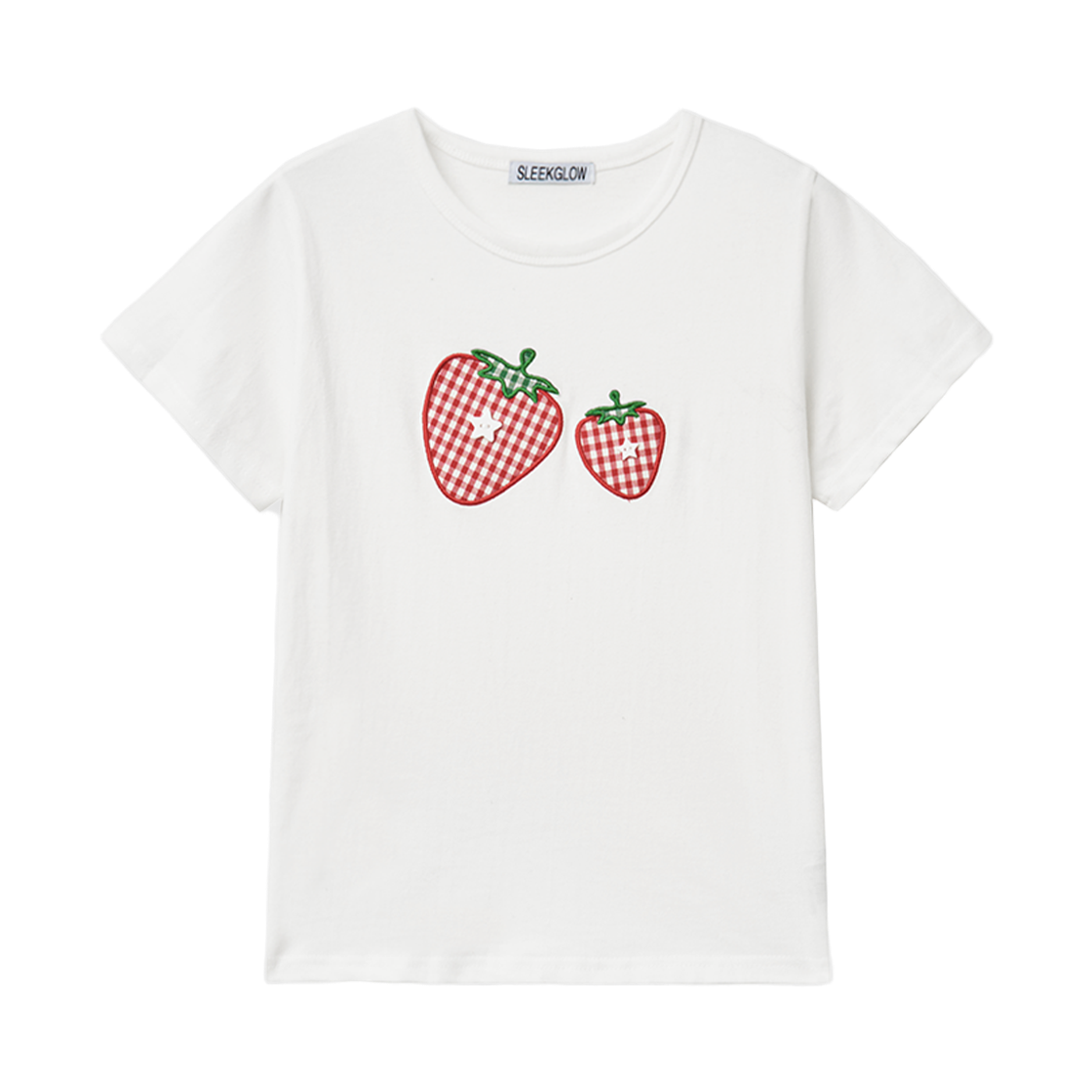 슬릭글로우 체크 스트로베리 아플리케 티셔츠 화이트(SLEEKGLOW Check Strawberry Applique T-Shirt White)