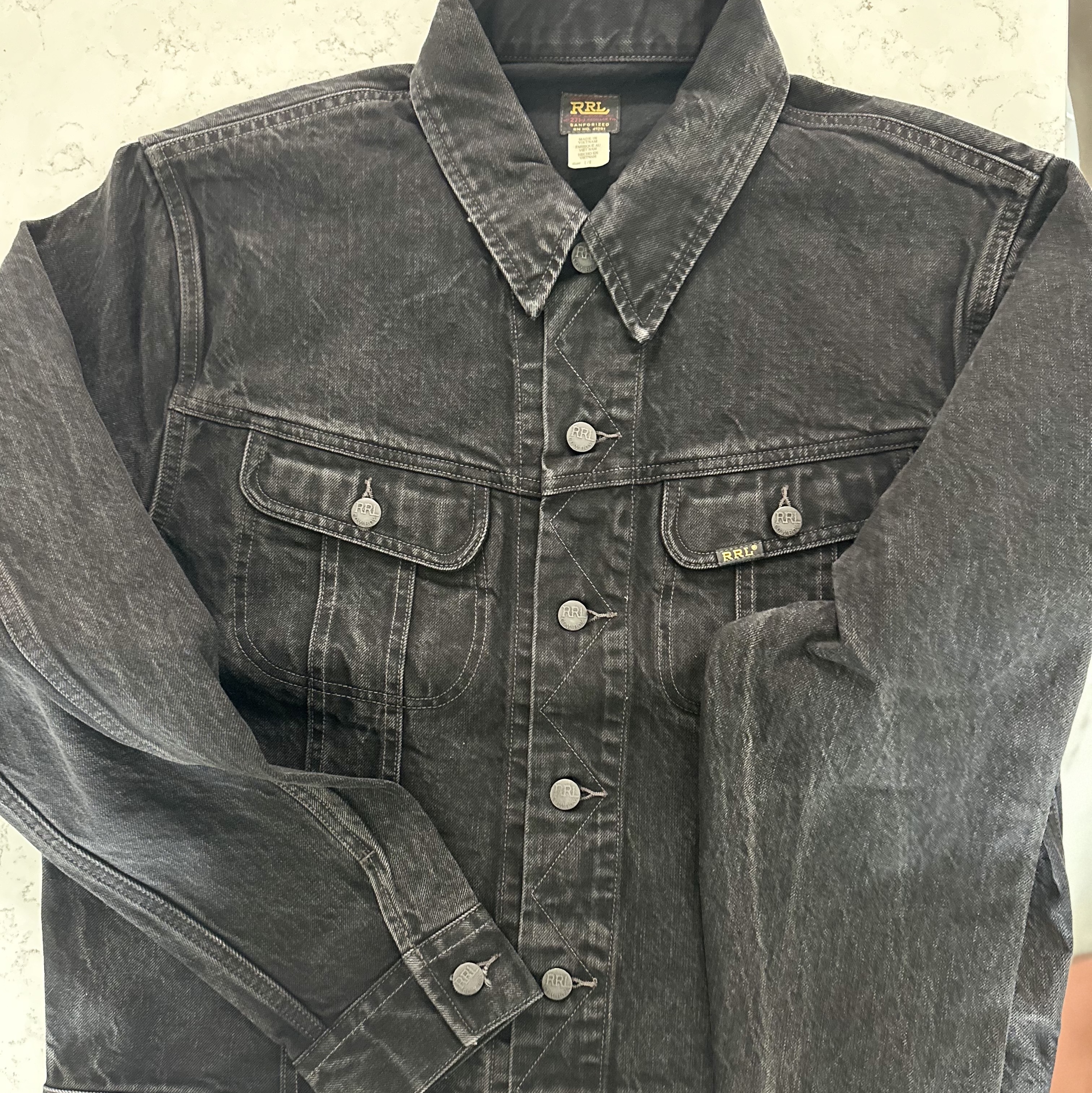 Double RL Denim Trucker Jacket Black 착용 스타일 - 3