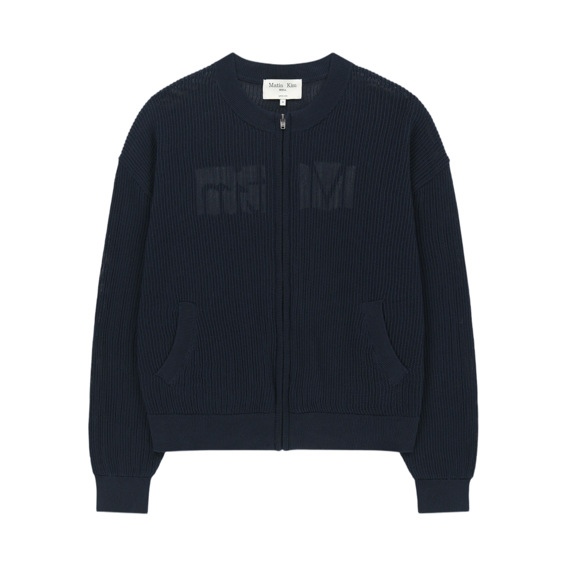 MK2634CD306UNA Matin Kim Back Logo Jacquard Mesh Knit Zip Up In Navy
