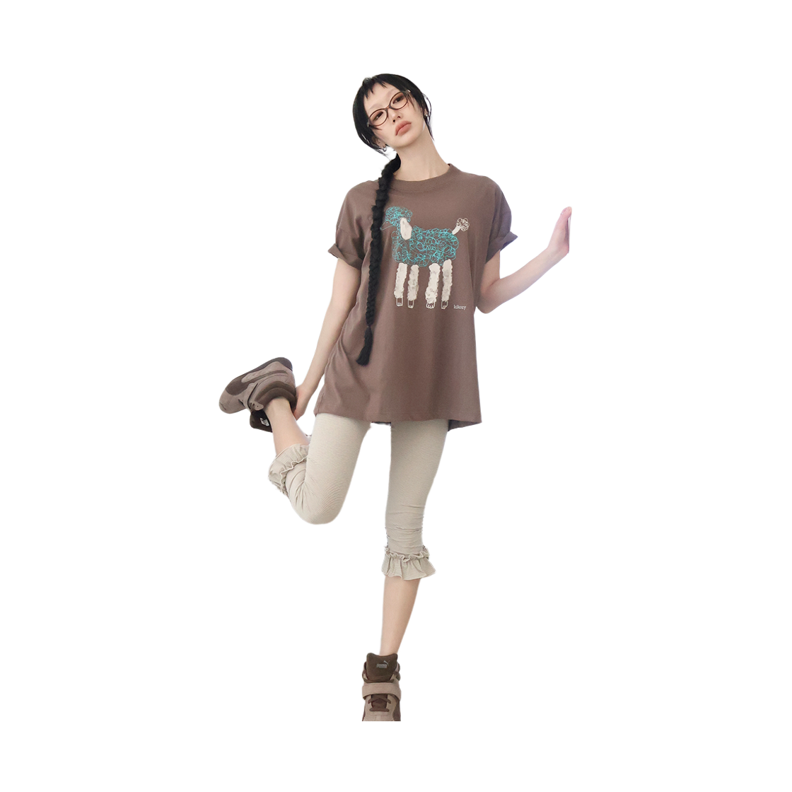 키코지 러플 스트라이프 레깅스 베이지(kikozy Ruffle Stripe Leggings Beige) - 2