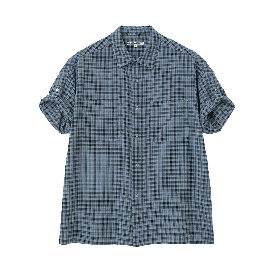 밀로 아카이브 내로우 링클 체크 롤업 하프 셔츠 그런지 블루