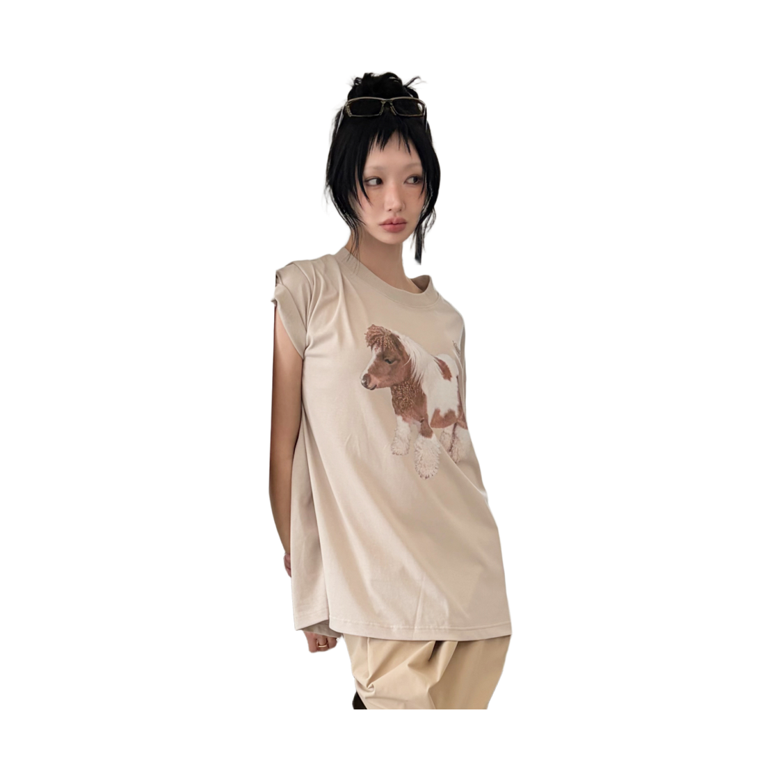 키코지 포니 프린팅 티셔츠 베이지(kikozy Pony Printing T-shirt Beige) - 2