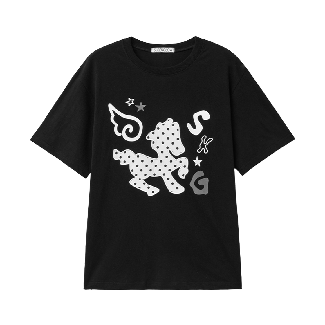 슬릭글로우 도트 포니 아플리케 티셔츠 블랙(SLEEKGLOW Dot Pony Applique T-Shirt Black)