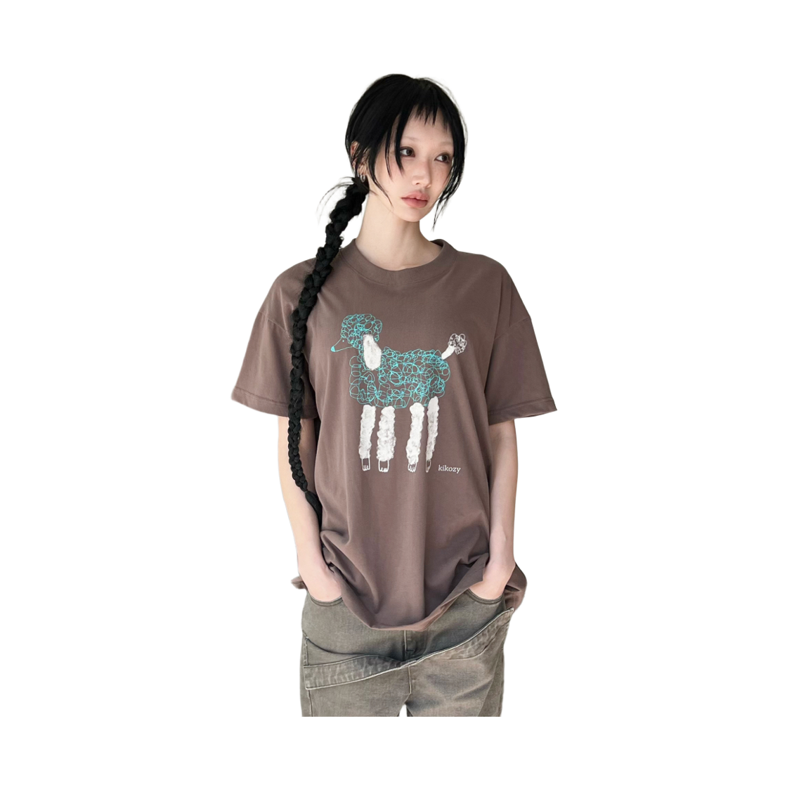 키코지 푸들 프린팅 티셔츠 초코 브라운(kikozy Poodle Printing T-shirt Choco brown) - 2