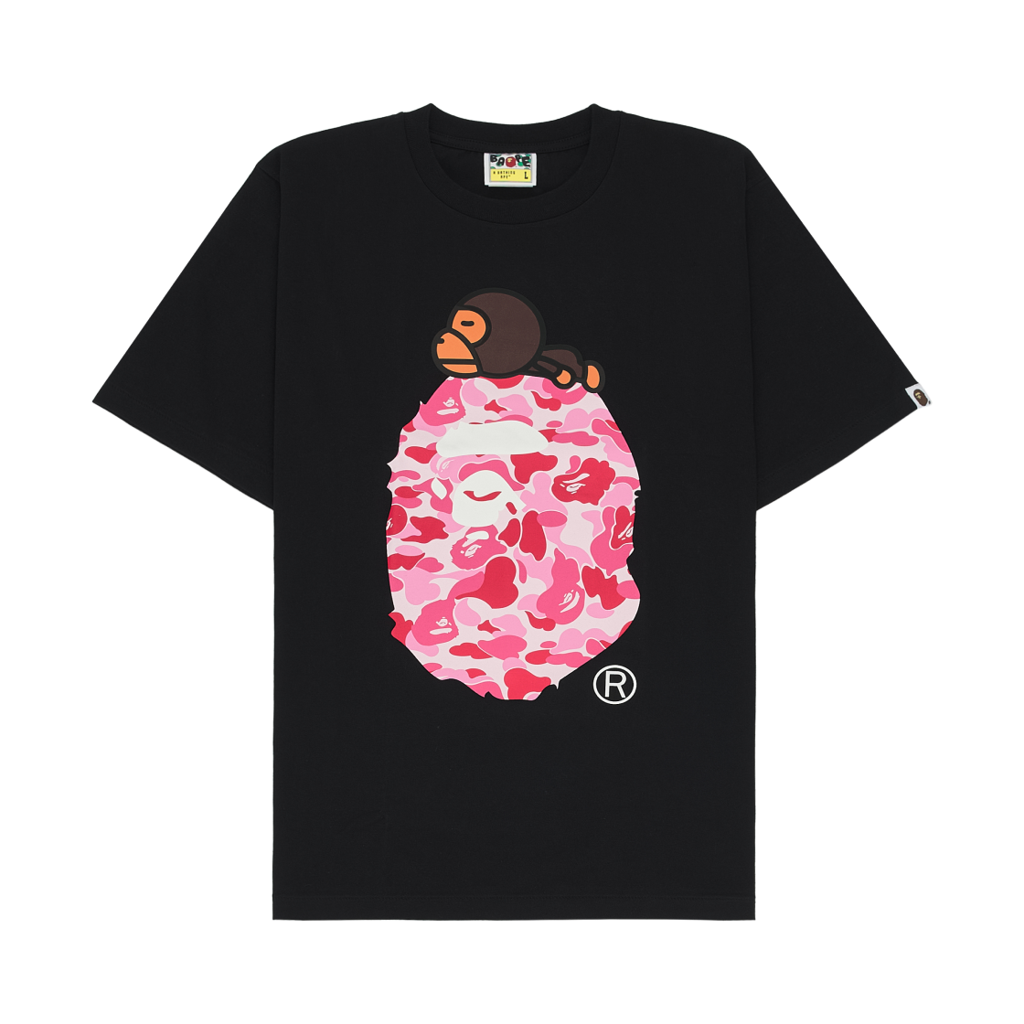 베이프 ABC 카모 마일로 온 빅 에이프 티셔츠 블랙 핑크(BAPE ABC Camo Milo on Big Ape T-Shirt Black Pink)