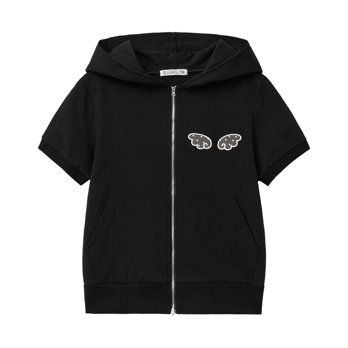 슬릭글로우 엔젤 아플리케 하프 후드 집업 블랙(SLEEKGLOW Angel Applique Half Hood Zip-Up Black)