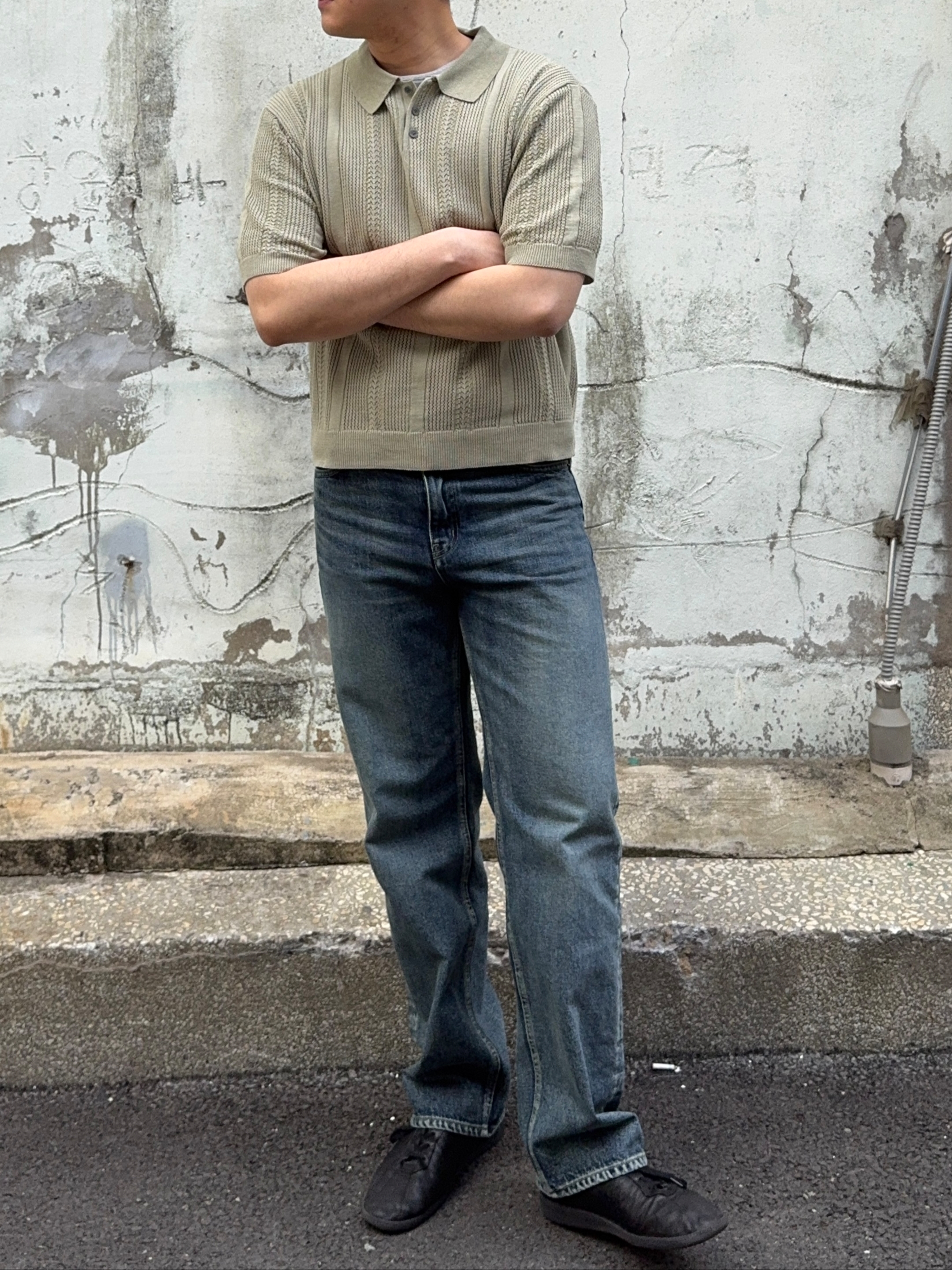 Knitted Linen Skashi Collar Half Knit OLIVE 착용 스타일