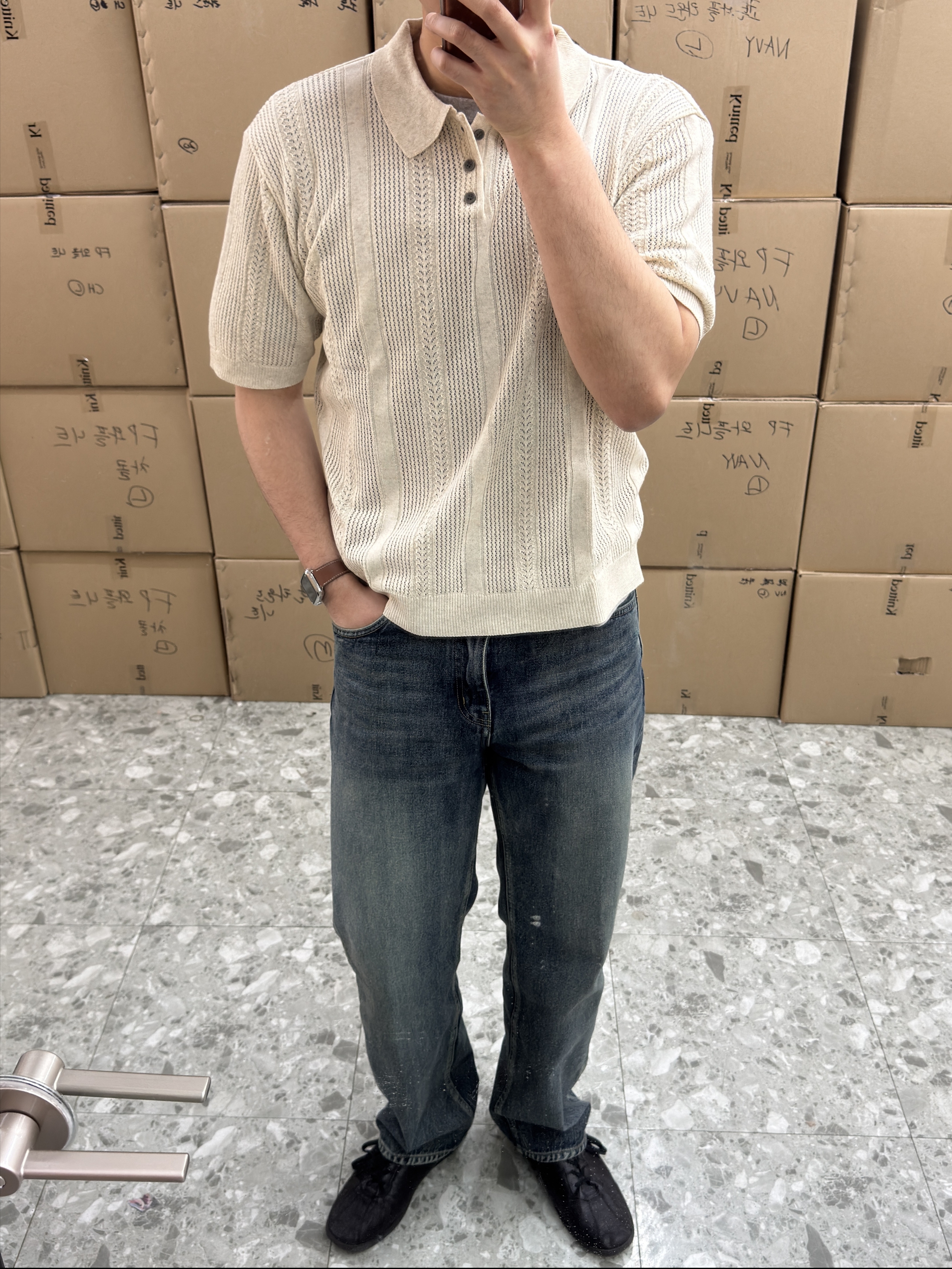 Knitted Linen Skashi Collar Half Knit LINEN 착용 스타일