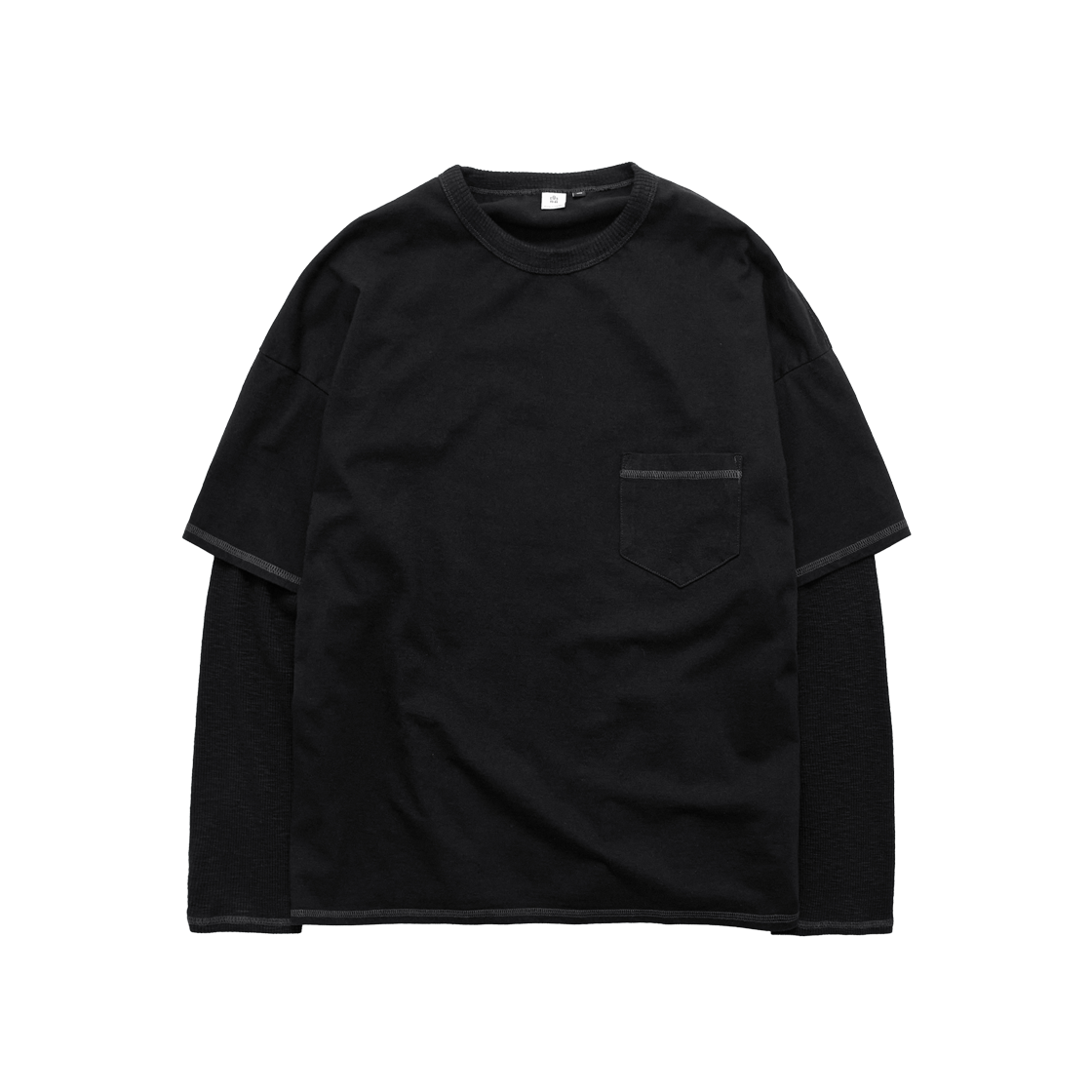 폴리테루 레이어드 롱 슬리브 (커버 스티치) 블랙(Polyteru Layered Long Sleeves (Cover Stitched) Black)