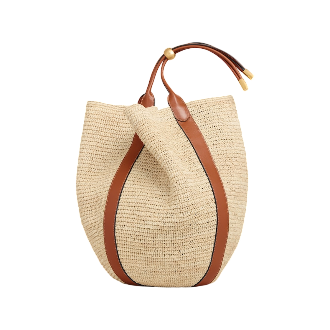 L102H3S92-04LU Celine Large Drop Bucket Bag in Raffia and Calfskin Tan