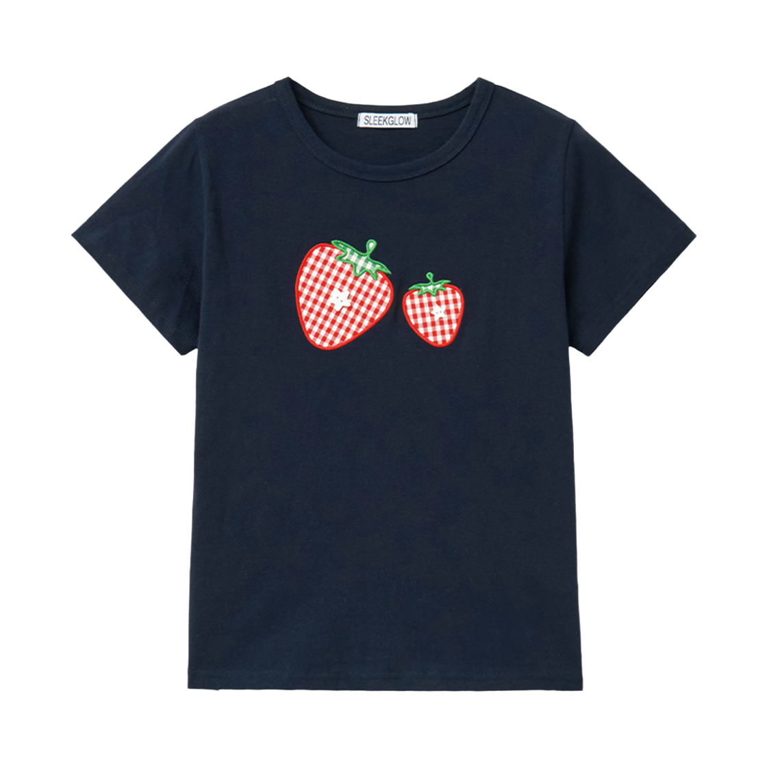 슬릭글로우 체크 스트로베리 아플리케 티셔츠 네이비(SLEEKGLOW Check Strawberry Applique T-Shirt Navy)