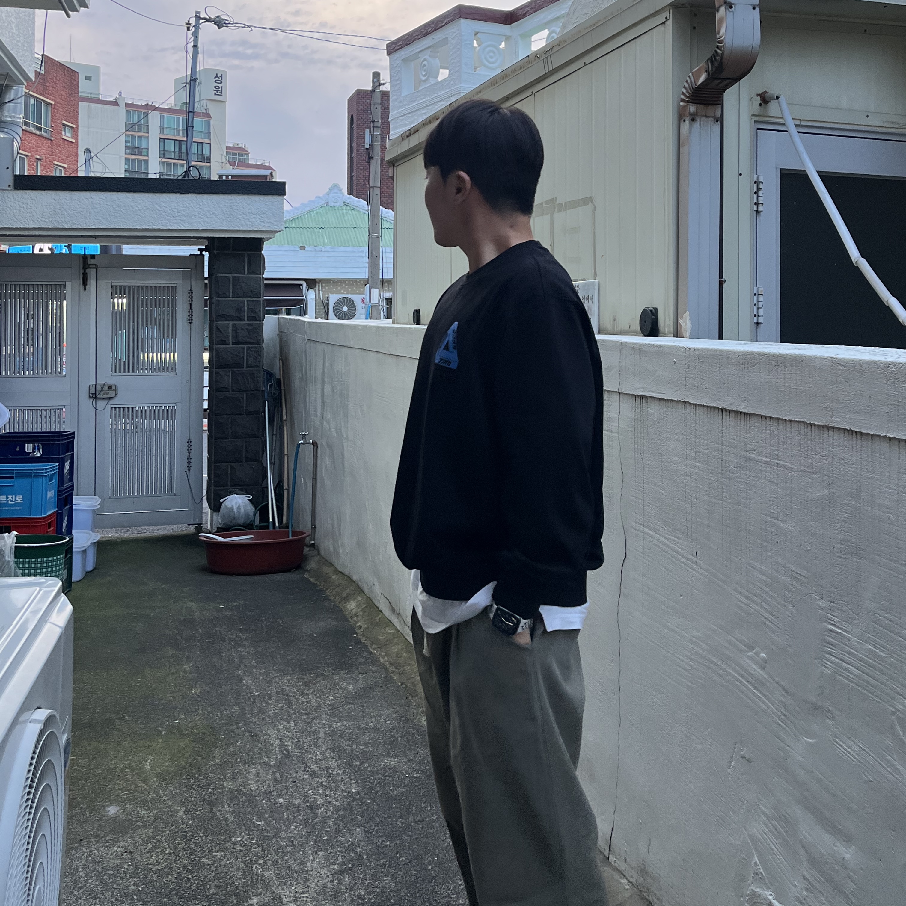 Palace Fukuoka Tri Ferg Crew Black - 25FW 착용 스타일