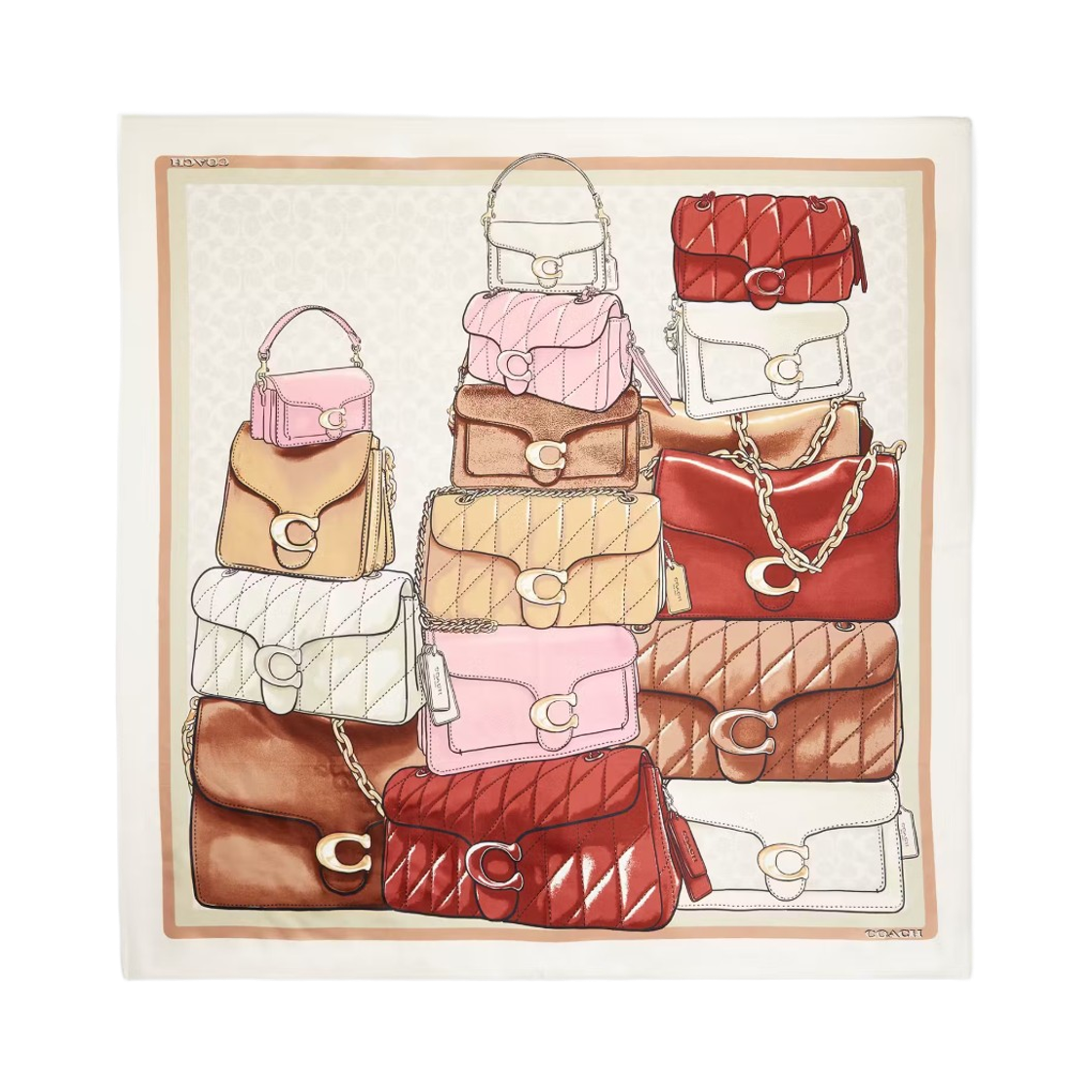 (W) 코치 스택드 태비 백 프린트 실크 스퀘어 스카프 오프 화이트 멀티((W) Coach Stacked Tabby Bag Print Silk Square Scarf Off White Multi)