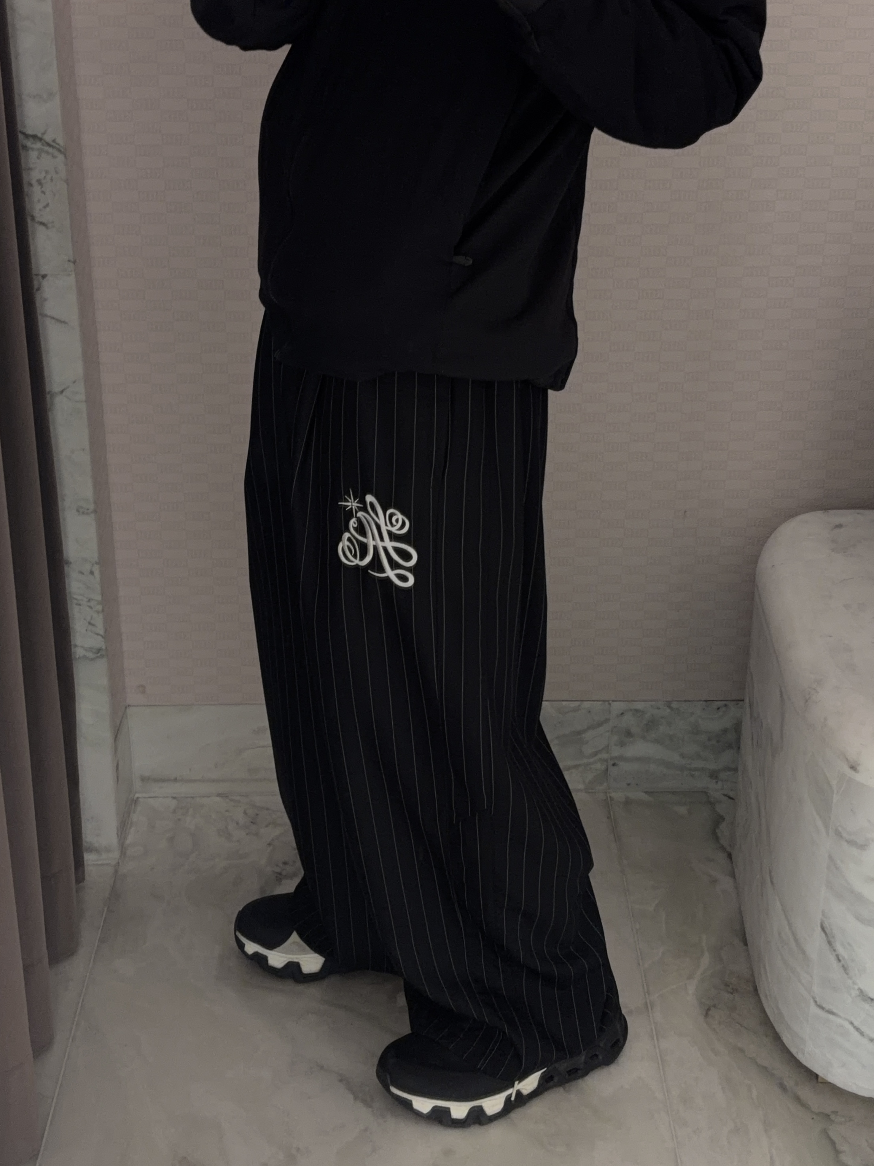 Adidas x Willy Chavarria Pinstripe Track Pants Black White - KR Sizing 착용 스타일 - 1