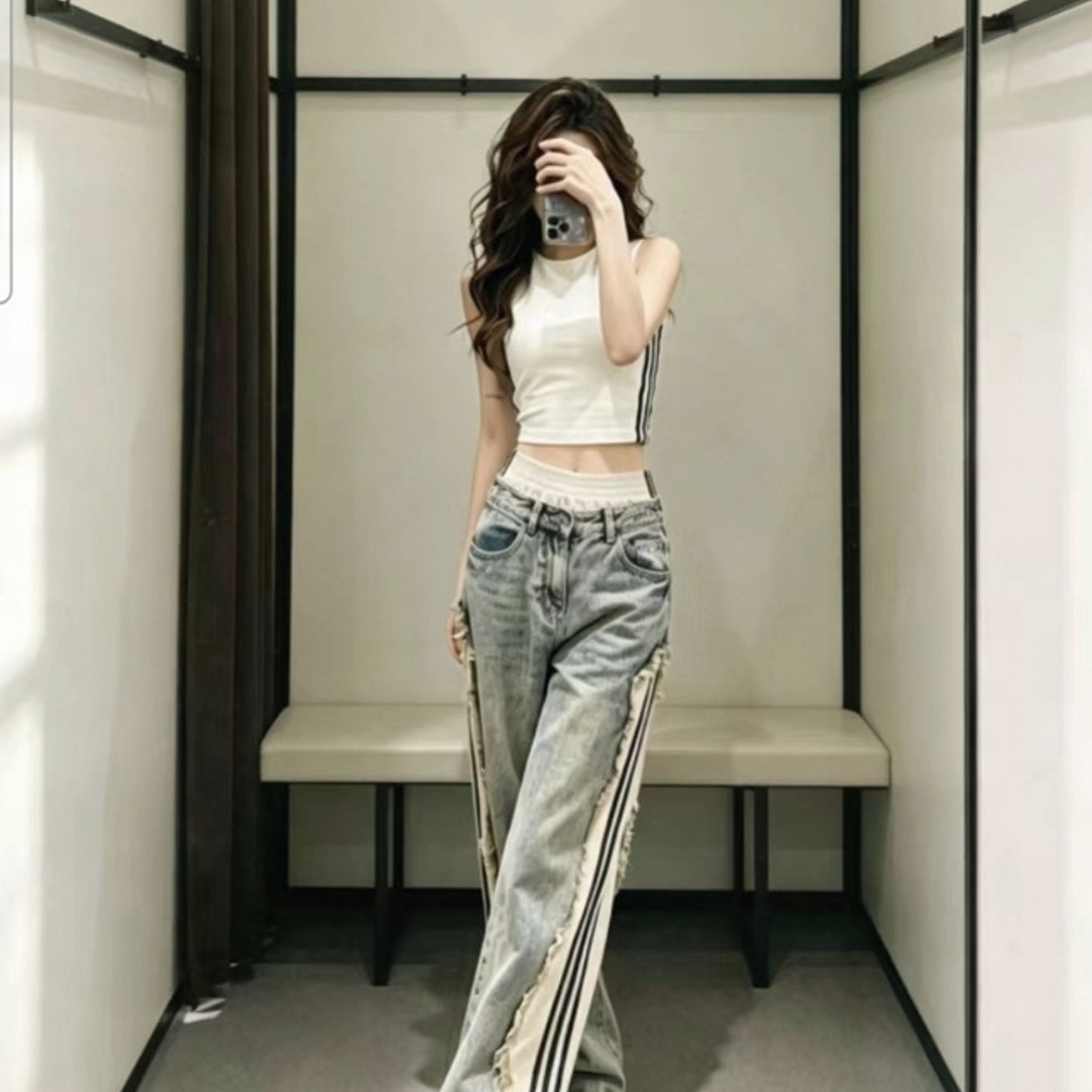 (W) Adidas Adilenium 5.0 Deconstructed Denim Pants Chalky Brown - KR Sizing 착용 스타일 - 1