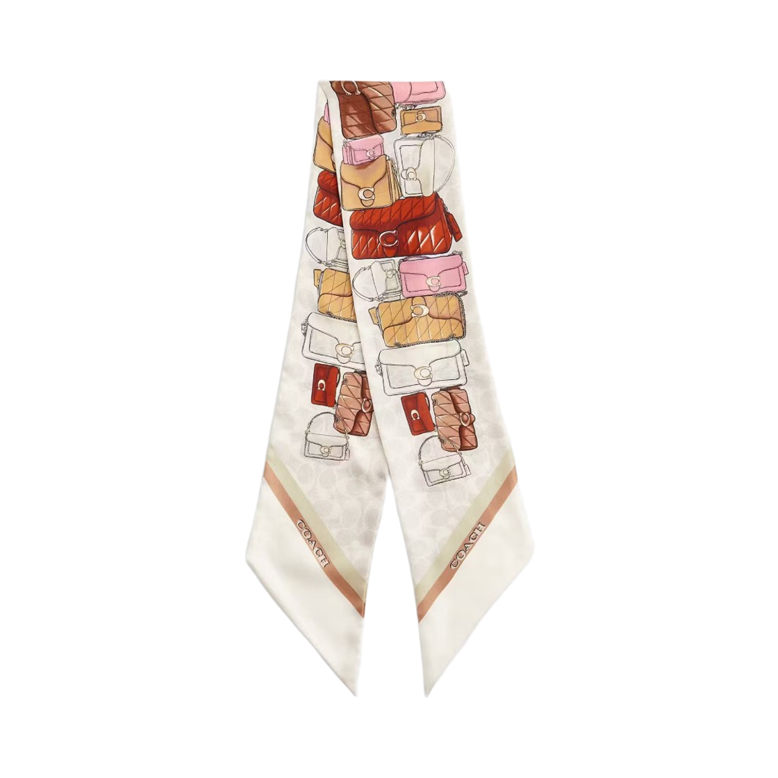 (W) 코치 스택드 태비 백 프린트 실크 스키니 스카프 오프 화이트 멀티((W) Coach Stacked Tabby Bag Print Silk Skinny Scarf Off White Multi)