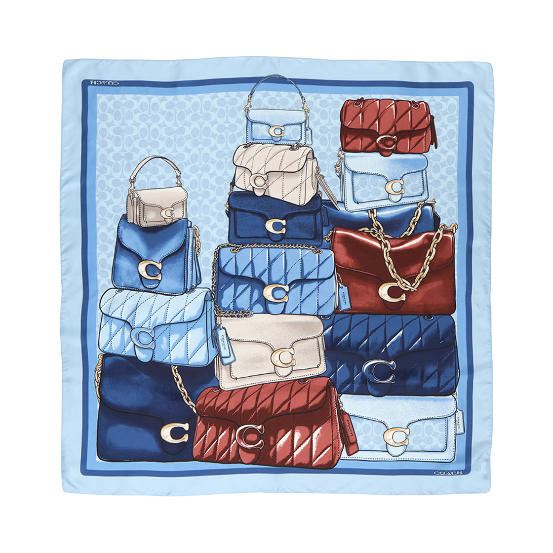 (W) 코치 스택드 태비 백 프린트 실크 스퀘어 스카프 블루 멀티((W) Coach Stacked Tabby Bag Print Silk Square Scarf Blue Multi)