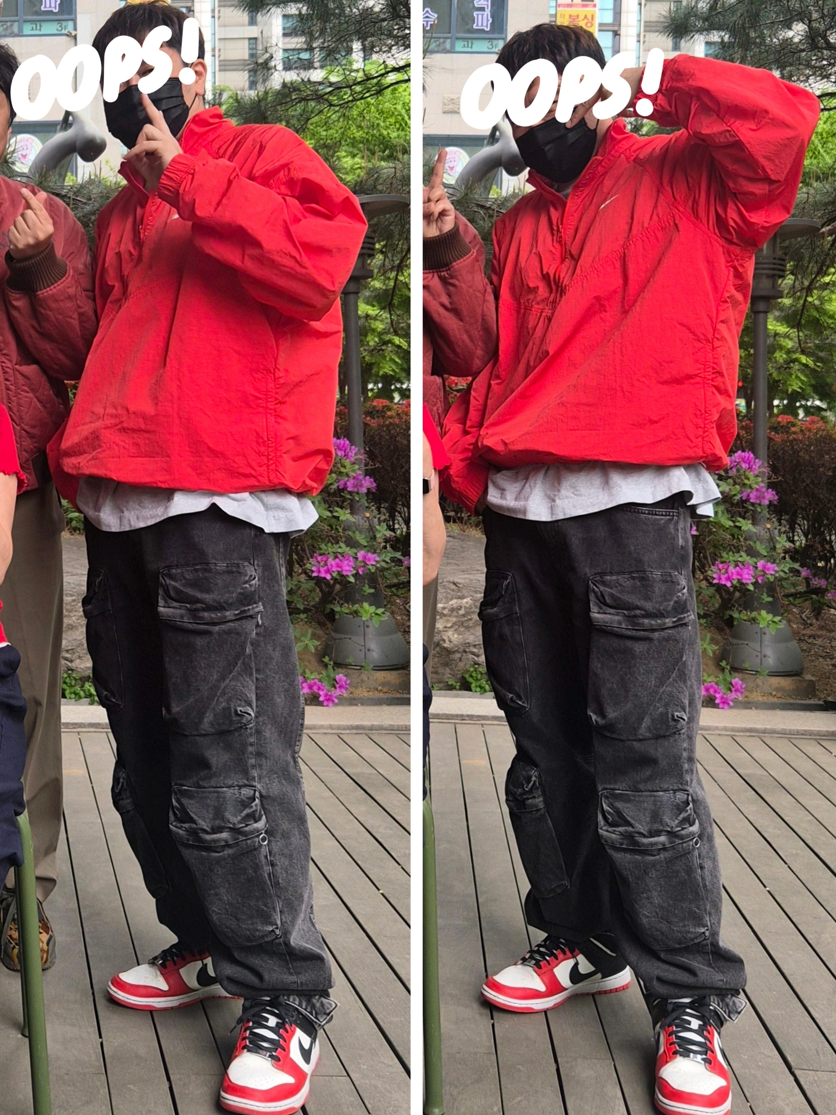 Nike x Stussy Windrunner Jacket Habanero Red, Zara Utility Pocket Jeans Black 착용 스타일