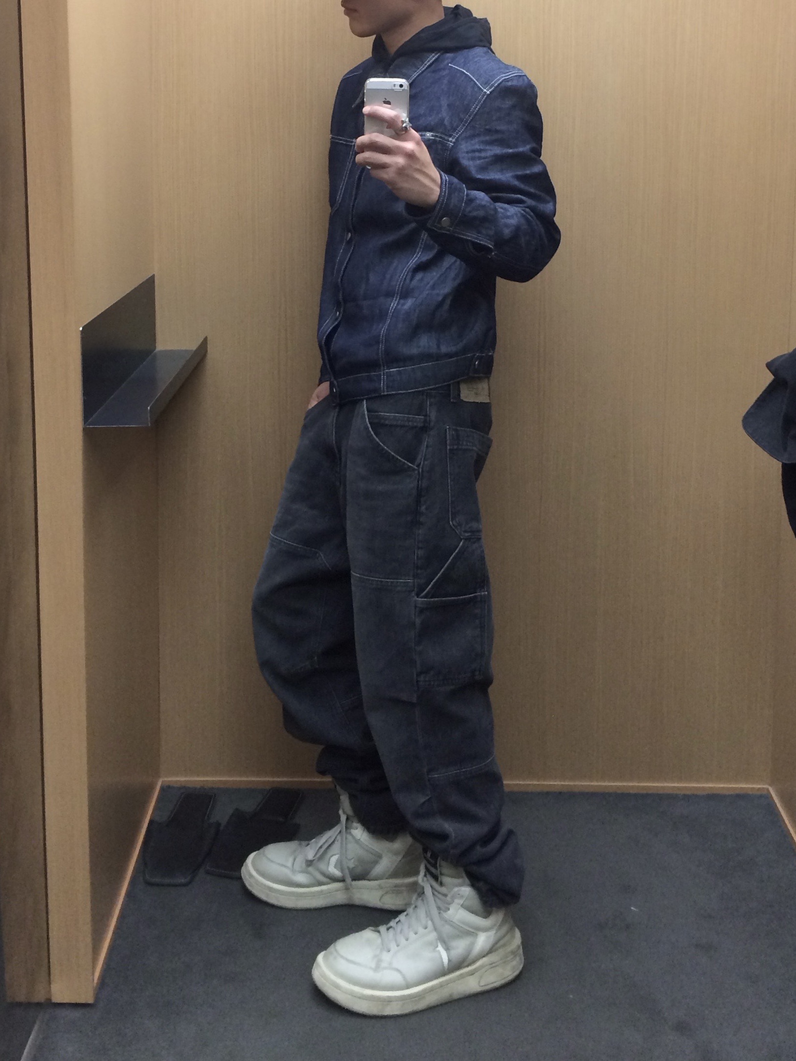 CHOWOO Incision Double Knee Carpenter Pants Washed Black, CHOWOO Linen Engineered Jacket Indigo 착용 스타일 - 2