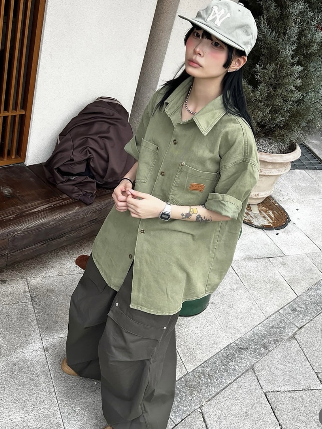 Aoiro 6-Panel Bone A/N Cap Olive, Nike Air Force 1 '07 WB Flax 착용 스타일 - 1