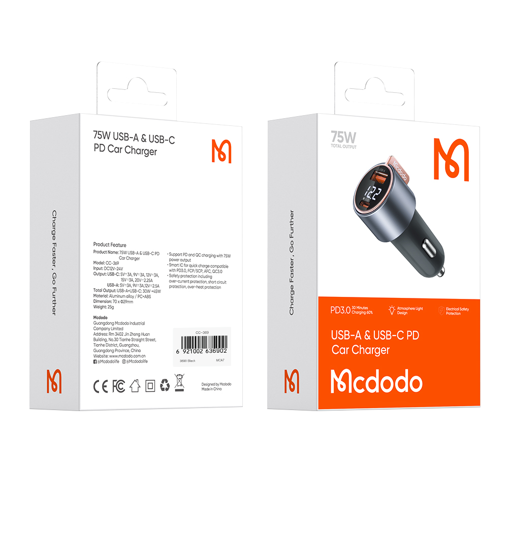 맥도도 75W 디스플레이 2포트 차량용 고속충전기 C타입+USB-A타입 CC369(Mcdodo PD 75W USB-C + USB-A Car Charger CC369) - 6