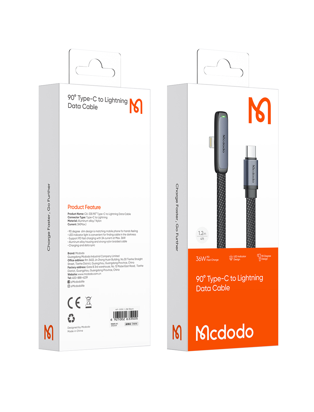 맥도도 TR 90도 라이트 C타입 to 8핀 PD 고속충전 케이블 1.2m CA335(Mcdodo Ultra Slim Elbow C to 8 PD Fast Charging Cable 1.2m CA335) - 5