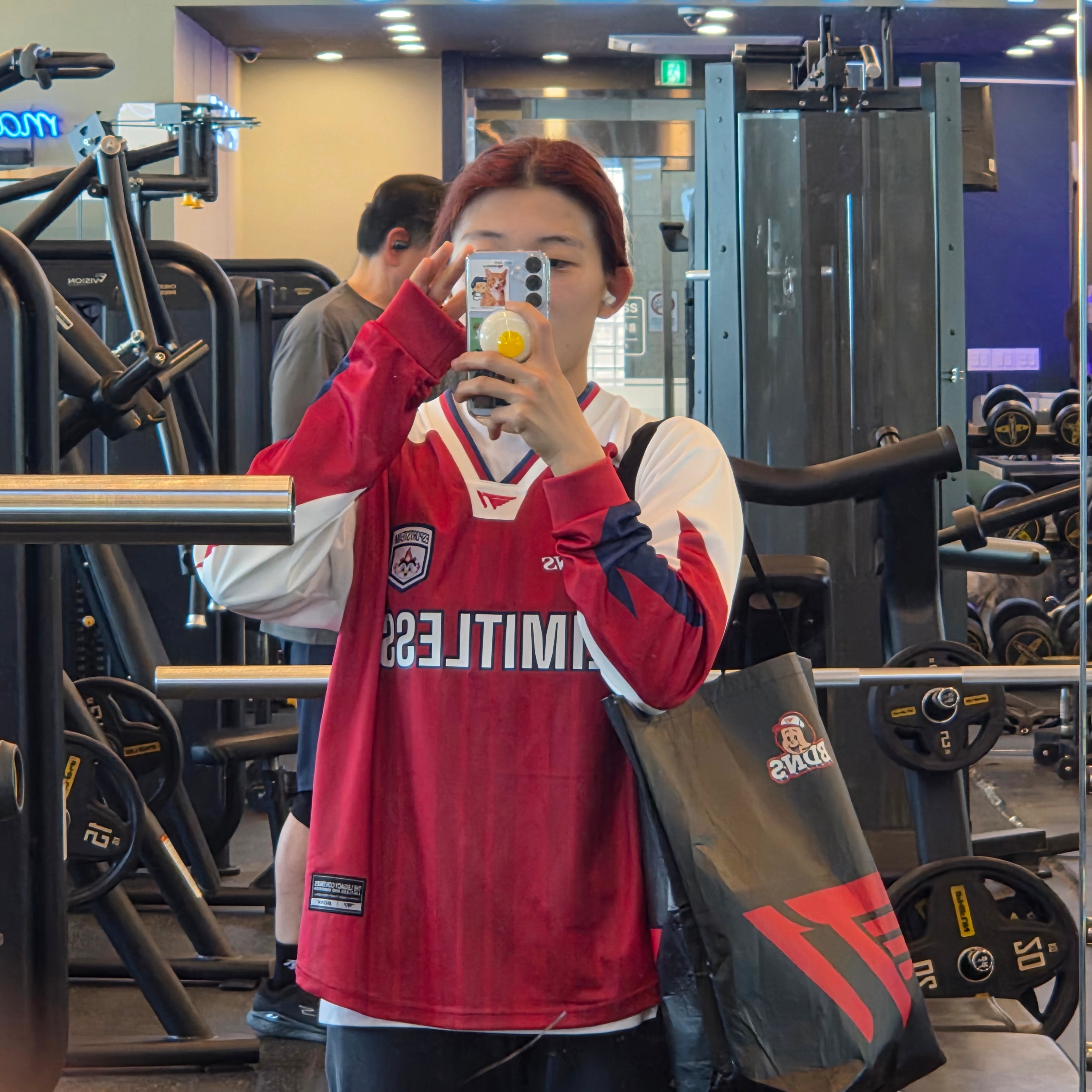 BDNS x T1 Long Sleeve Jersey Red 착용 스타일