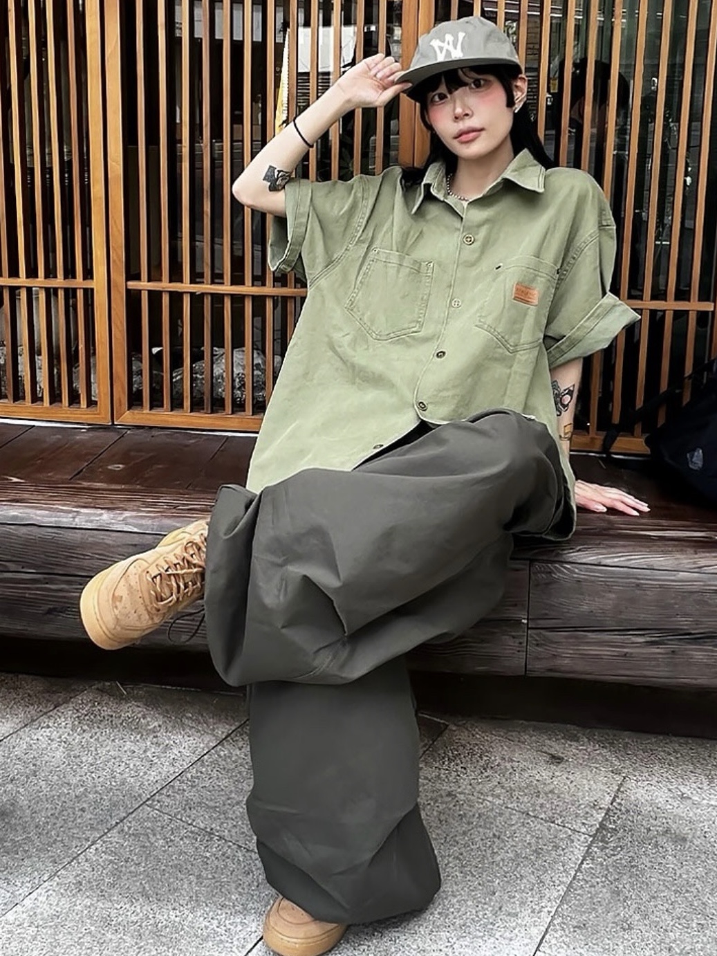 Aoiro 6-Panel Bone A/N Cap Olive, Nike Air Force 1 '07 WB Flax 착용 스타일 - 2