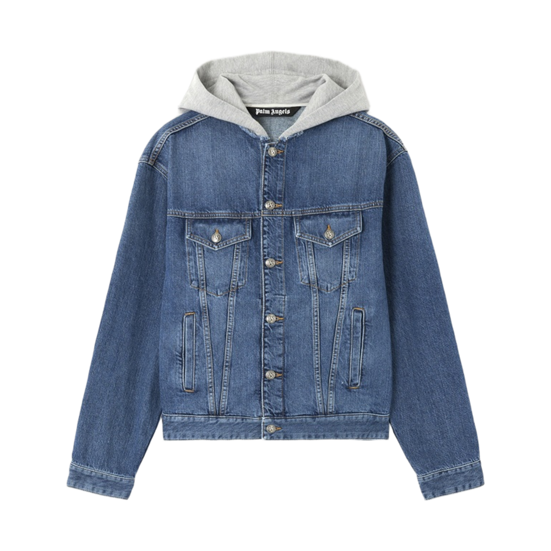 팜엔젤스 MW 커브드 로고 데님 자켓 - 미디엄 블루 멜란지 그레이(Palm Angels Mw Curved Logo Denim Jacket - Medium Blue Melange Grey)