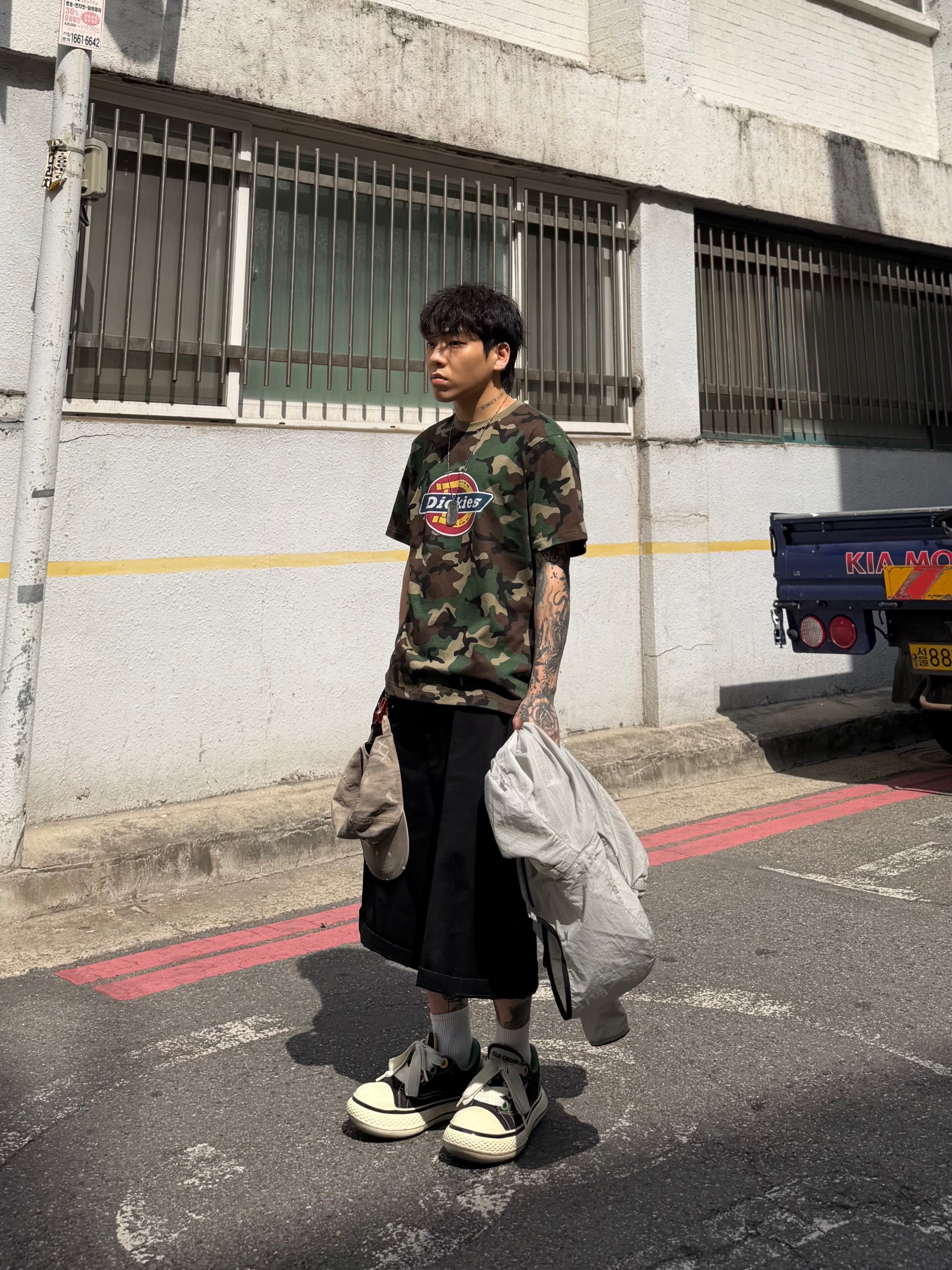 Anti Social Social Club x Dickies Work Shorts Black, Old Order Big Head Canvas Black 착용 스타일 - 1