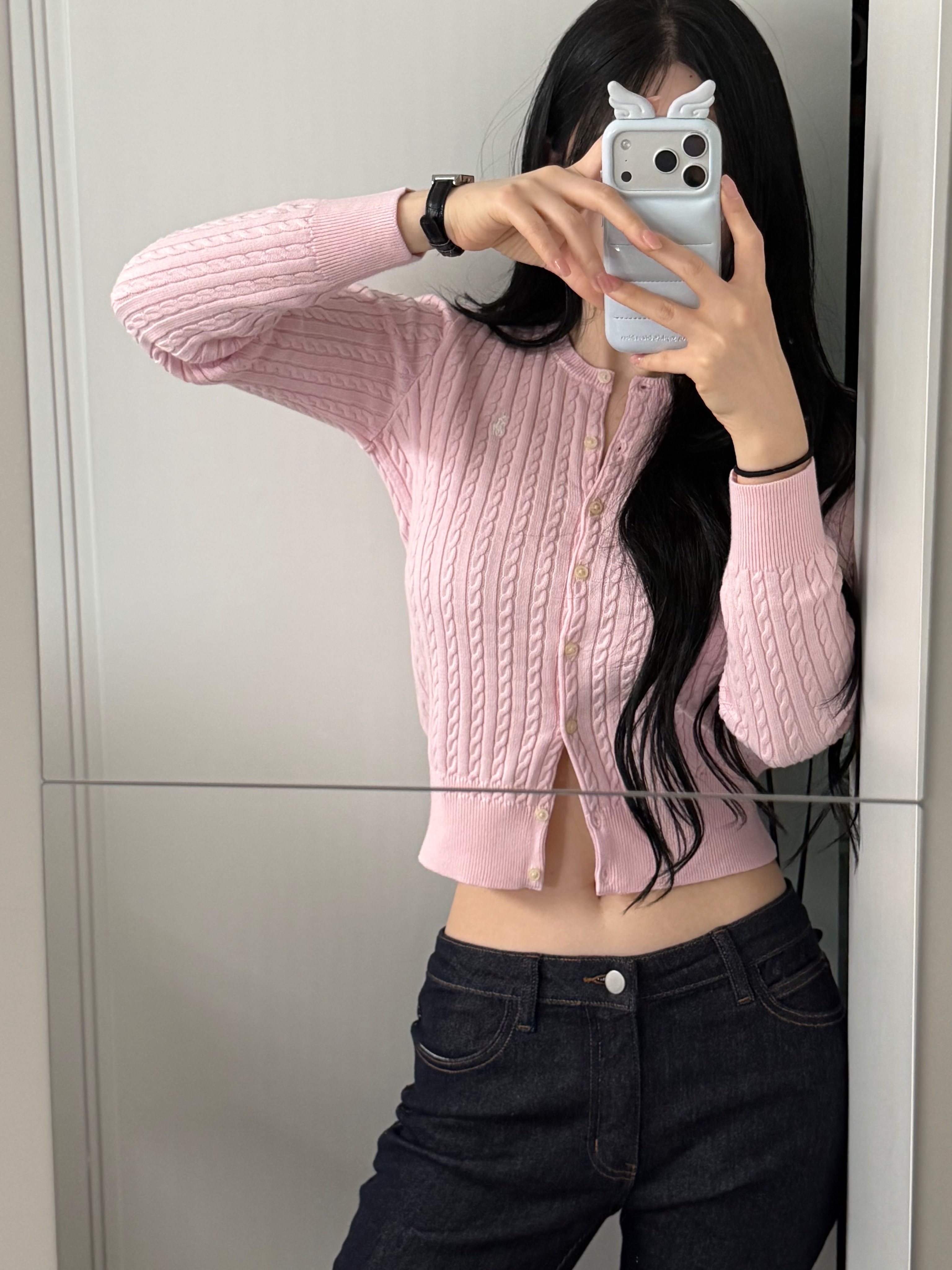 [10%적립] Polo Ralph Lauren Children Mini Cable Cotton Cardigan Laguna Pink Tiller Green - 25FW 착용 스타일