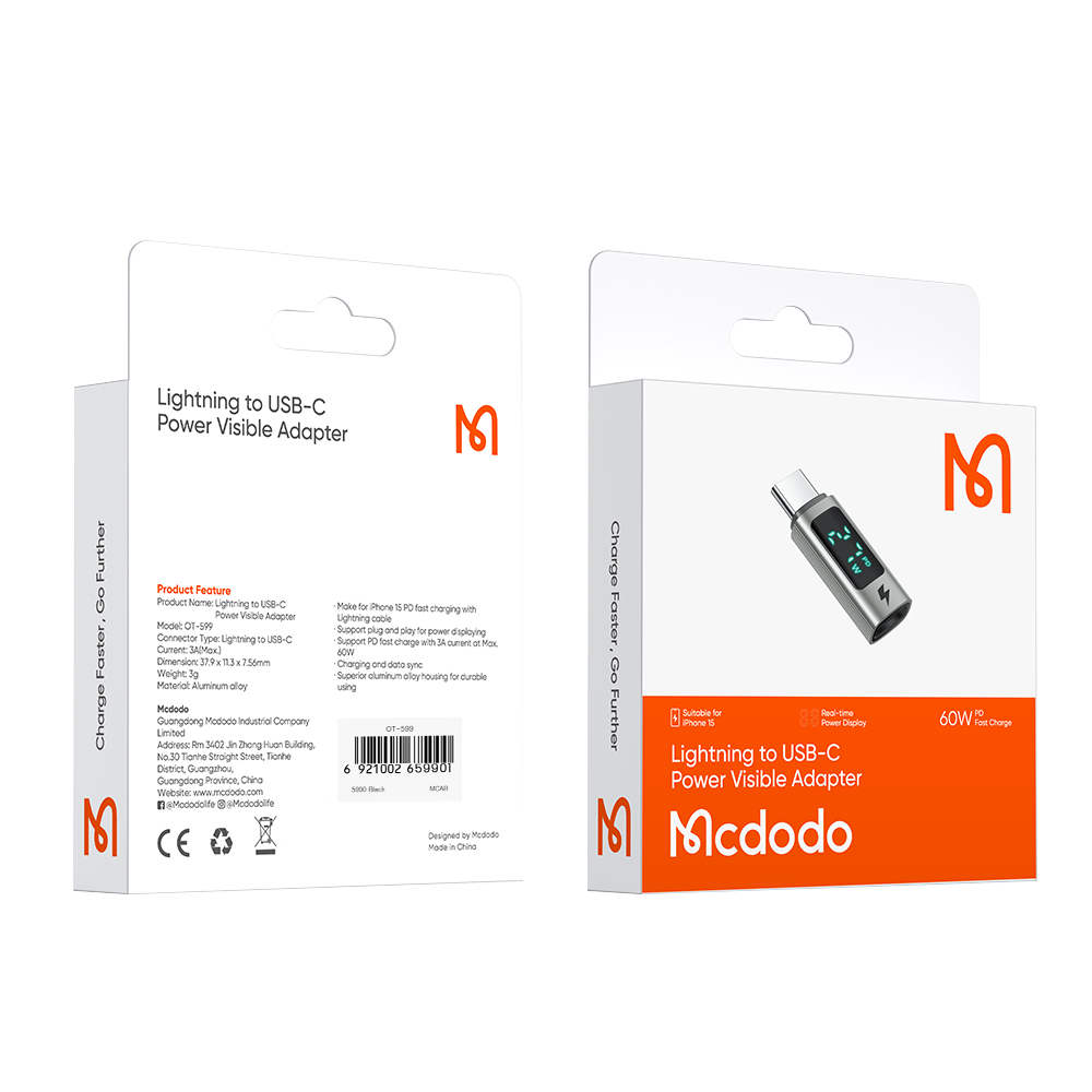맥도도 충전속도 디스플레이 8핀 to C타입 젠더 OT599(Mcdodo Lightning to USB-C Display Power Visible Adapter OT599) - 5