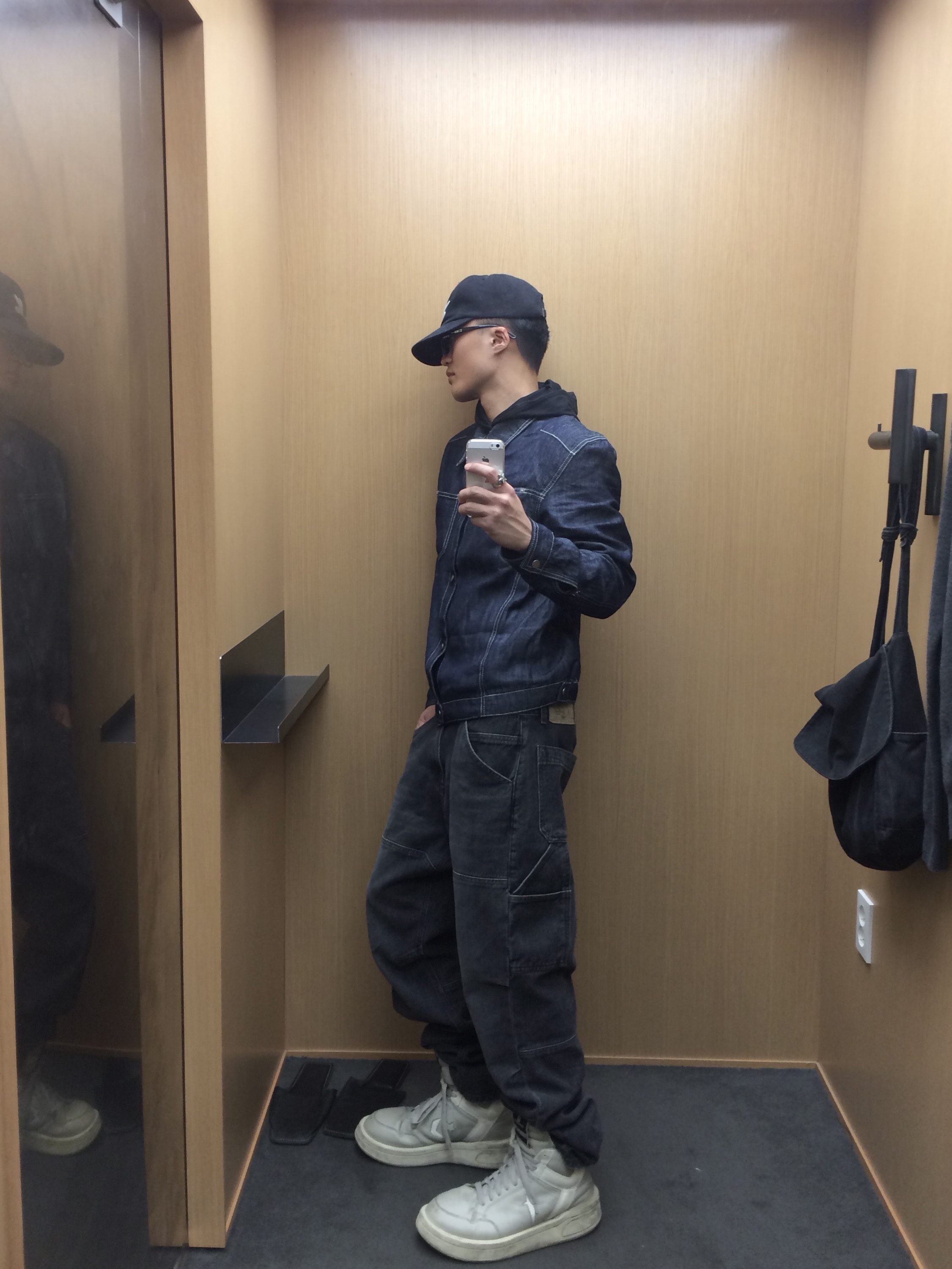 CHOWOO Incision Double Knee Carpenter Pants Washed Black, CHOWOO Linen Engineered Jacket Indigo 착용 스타일 - 3