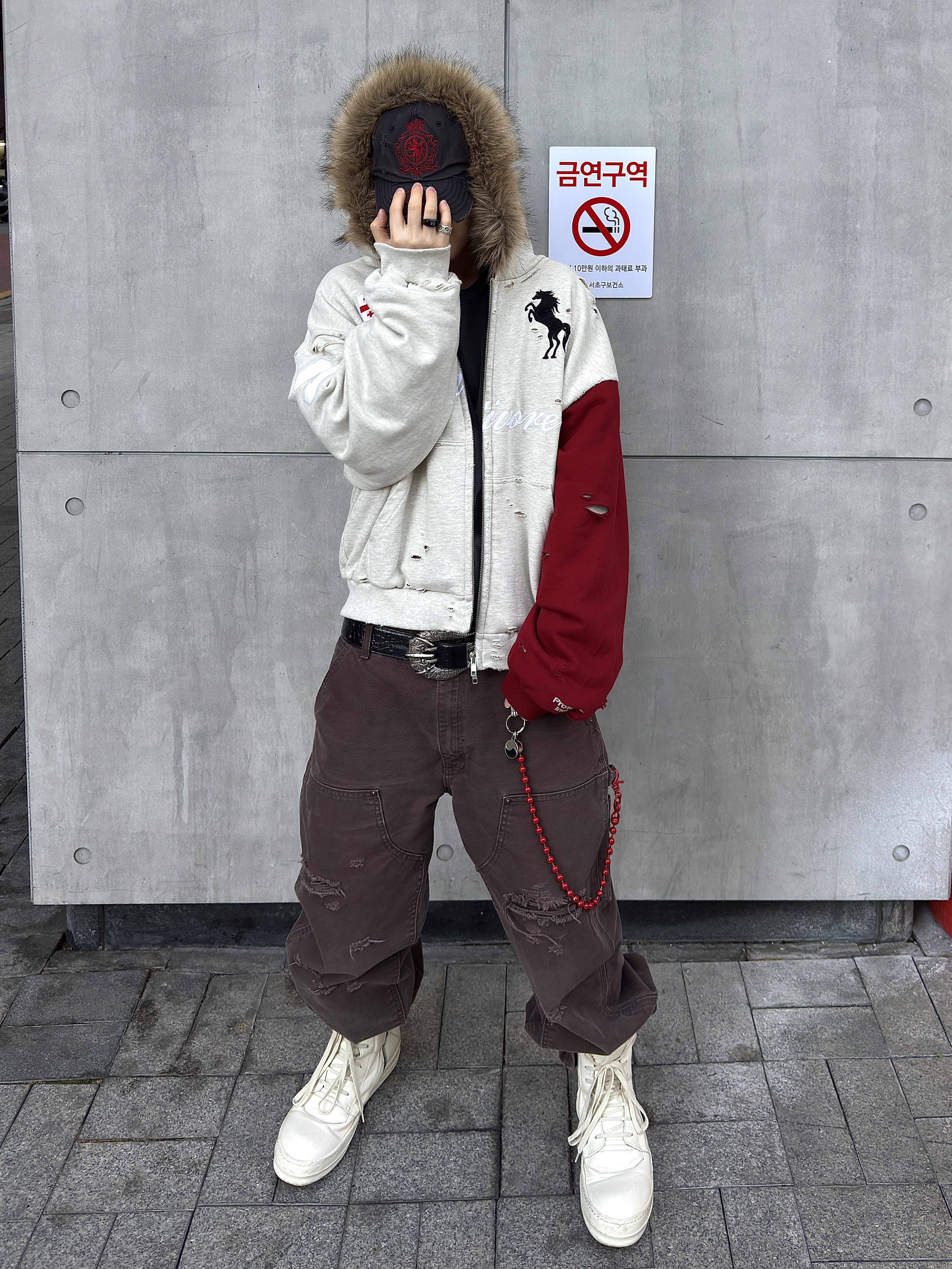 Protocol Index Buttivore Fur Lining Zip Hoodie Oatmeal Melange, Protocol Index Rizz Hotel Cap Black 착용 스타일 - 1