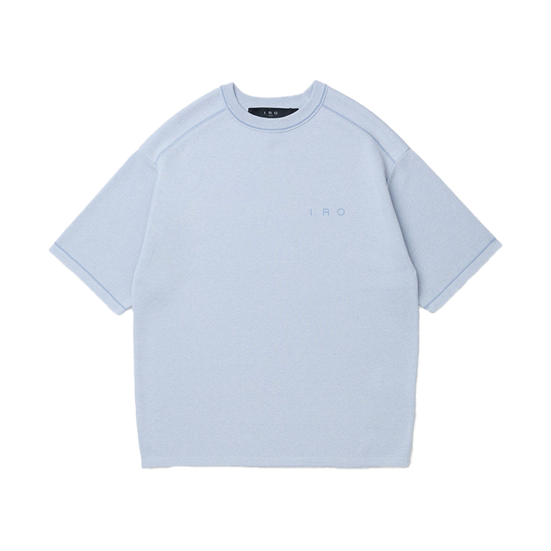 이로 라코르 반팔 강연 자수 배색 라운드넥 스웨터 라이트 블루(Iro Raccord Short Sleeve Twisted Yarn Embroidery Contrast Round Neck Sweater Light Blue) - 1