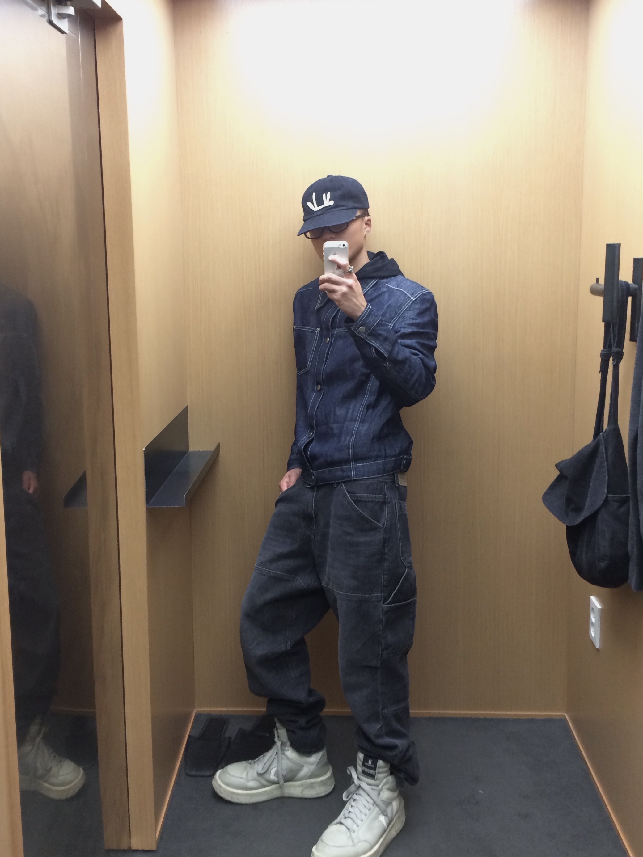CHOWOO Incision Double Knee Carpenter Pants Washed Black, CHOWOO Linen Engineered Jacket Indigo 착용 스타일 - 1