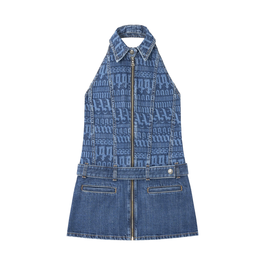 팜엔젤스 LW 올 오버 로고 데님 드레스 - 라이트 블루 오프 화이트(Palm Angels Lw Allover Logo Denim Dress - Light Blue Off White)