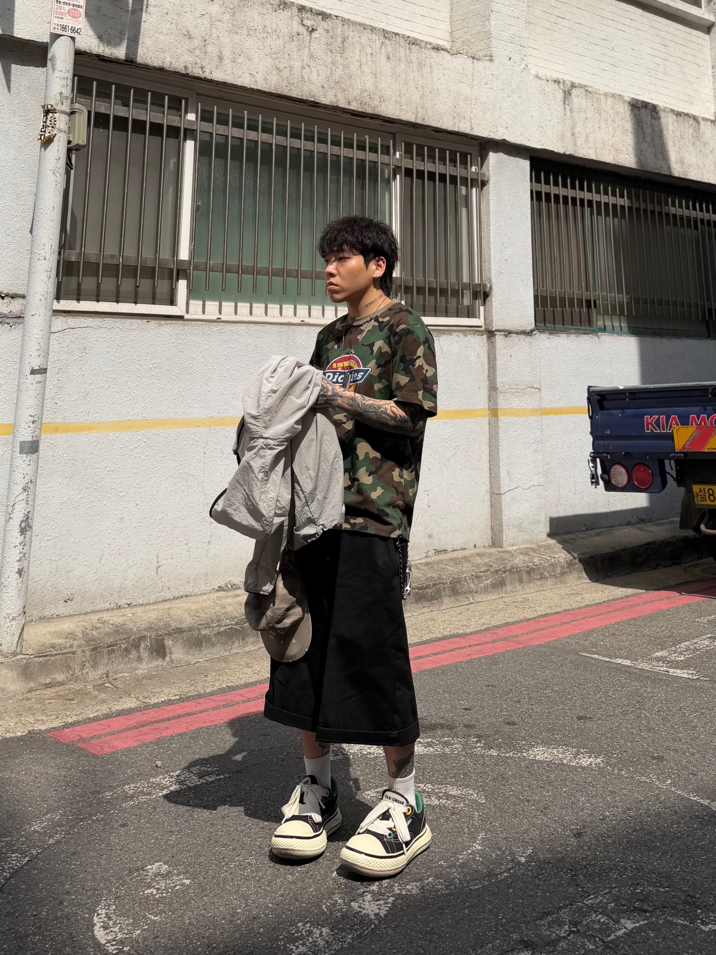 Anti Social Social Club x Dickies Work Shorts Black, Old Order Big Head Canvas Black 착용 스타일 - 2