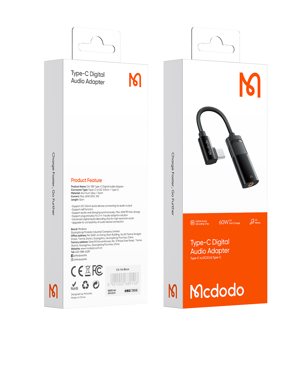 맥도도 90도 듀얼젠더 3.5mm AUX 오디오+C타입 충전 CA188(Mcdodo 90° Type-C to Dual Type-C & DC3.5mm CA188) - 5