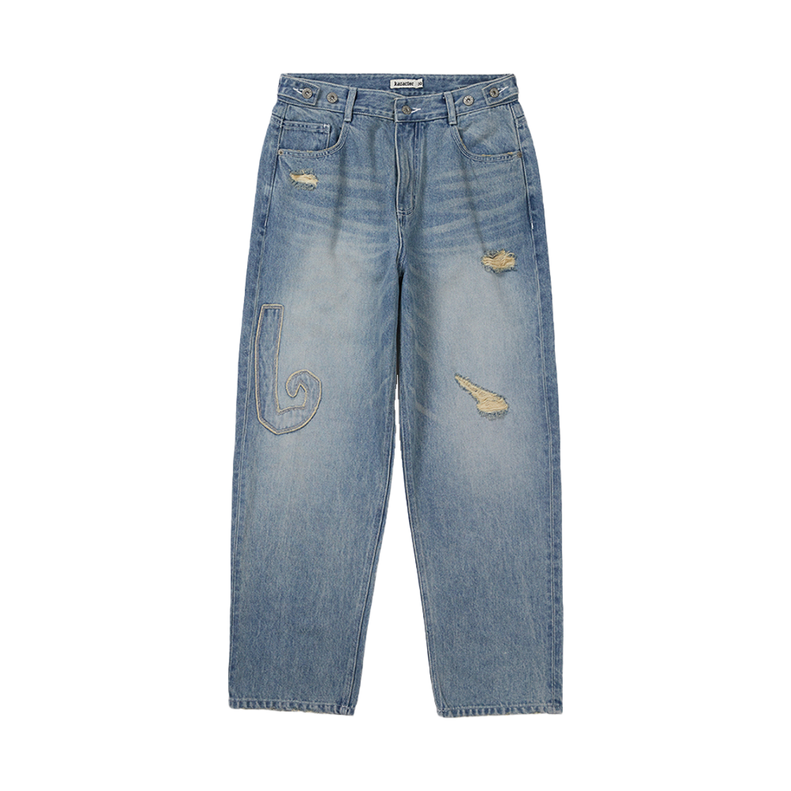 카락터 프레이 패치 데님 팬츠 라이트 블루(Karactor Fray Patch Denim Pants Light blue)
