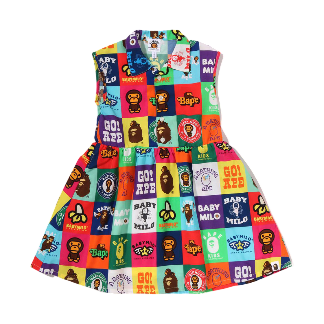 (키즈) 베이프 베이비 마일로 패치워크 오픈 칼라 셔츠 드레스 멀티((Kids) BAPE Baby Milo Patchwork Open Collar Shirt Dress Multi)