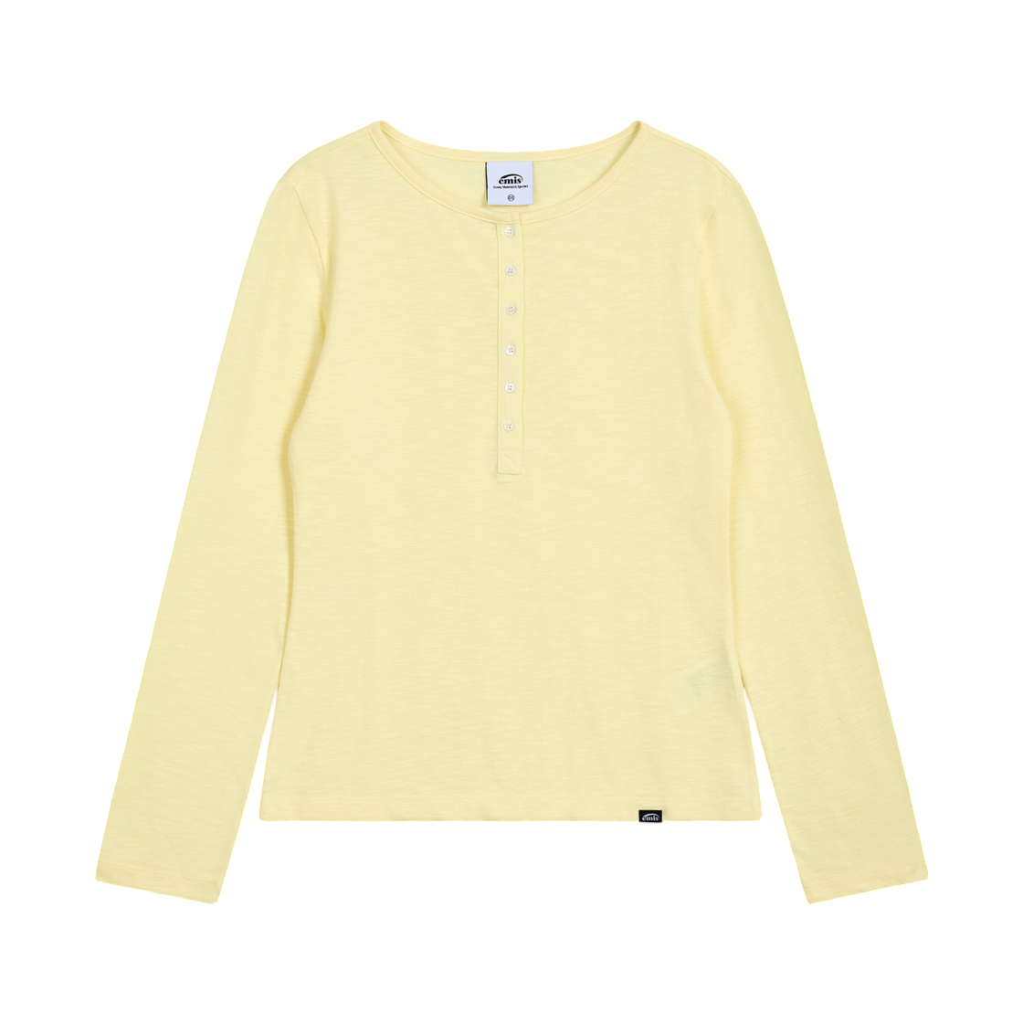 (W) 이미스 썸머 슬럽 헨리 넥 티셔츠 옐로우((W) Emis Summer Slub Henley Neck T-Shirt Yellow)